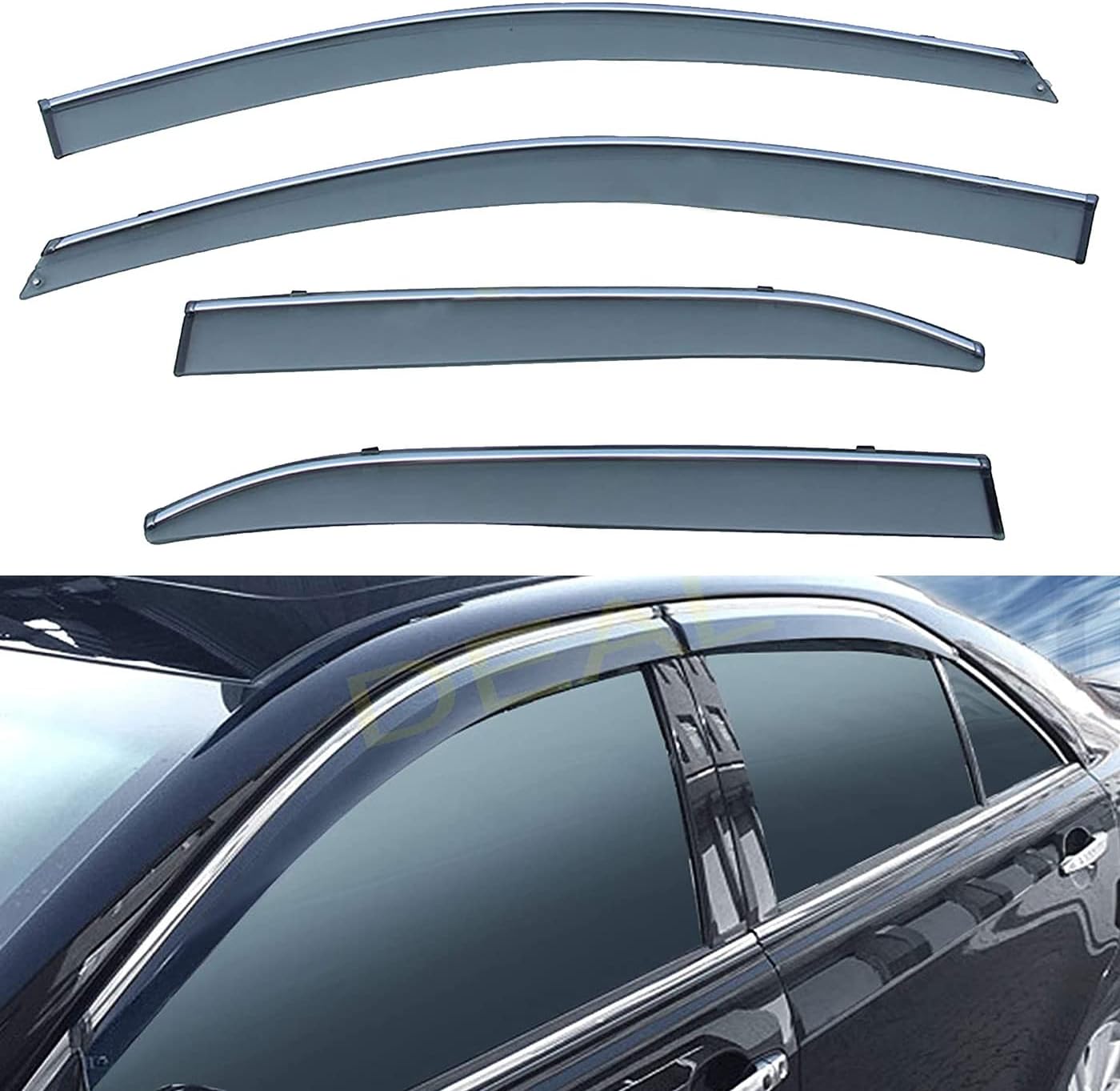 Deal 4-Piece Set Outside Mount Tape On/Clip On Type Smoke Tinted Sun/Rain Guard Vent Window Visors with Chrome Trim Compatible with 2007-2011 Camry All Models