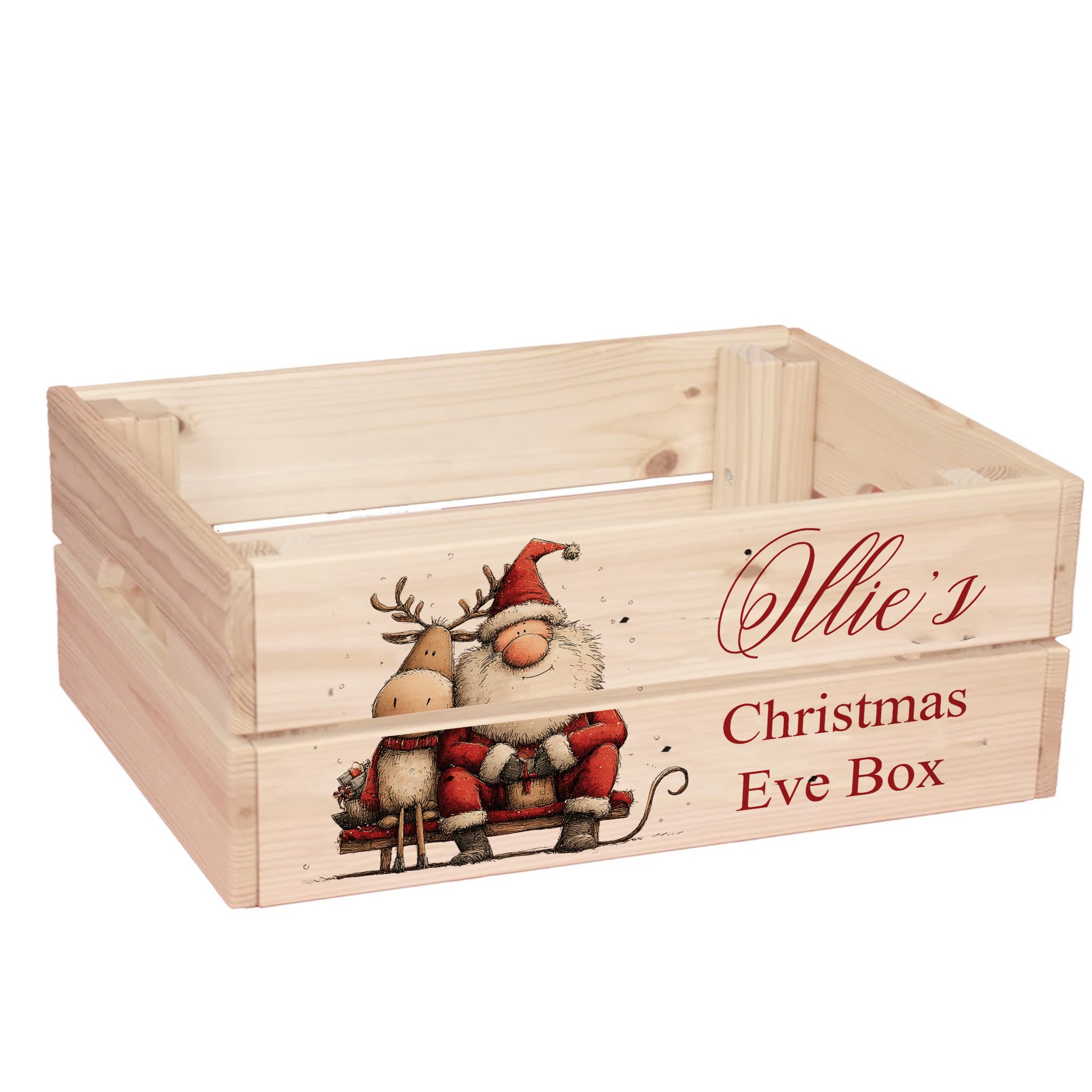 ukgiftstoreonline Personalised Christmas Eve Box with Santa, Trees, Reindeer, Snowman Designs, Wooden Storage Crate, 30.5 x 25 x 12 cm, Holiday Presentation Box with Side Handles (On Sleigh) โ image 1