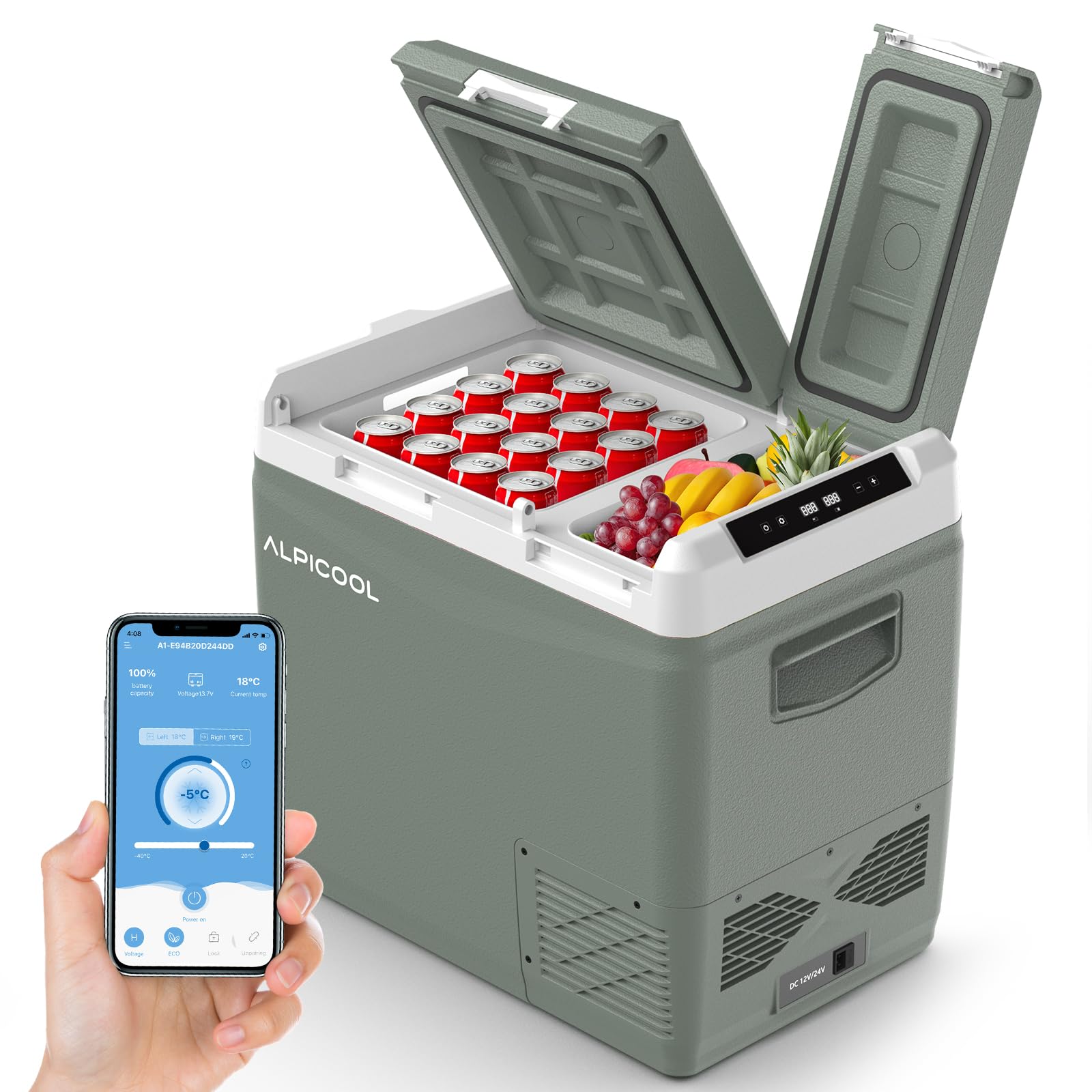Alpicool KLS58 47L Nevera Portátil con Control de APP,2026 de Doble Zona Nevera de Coche 12V/24V DC 100~240V AC,20°C a -20°C, Refrigerador de Coche para Hogar,Camping,Bandeja de Hielo Incluida,Verde
