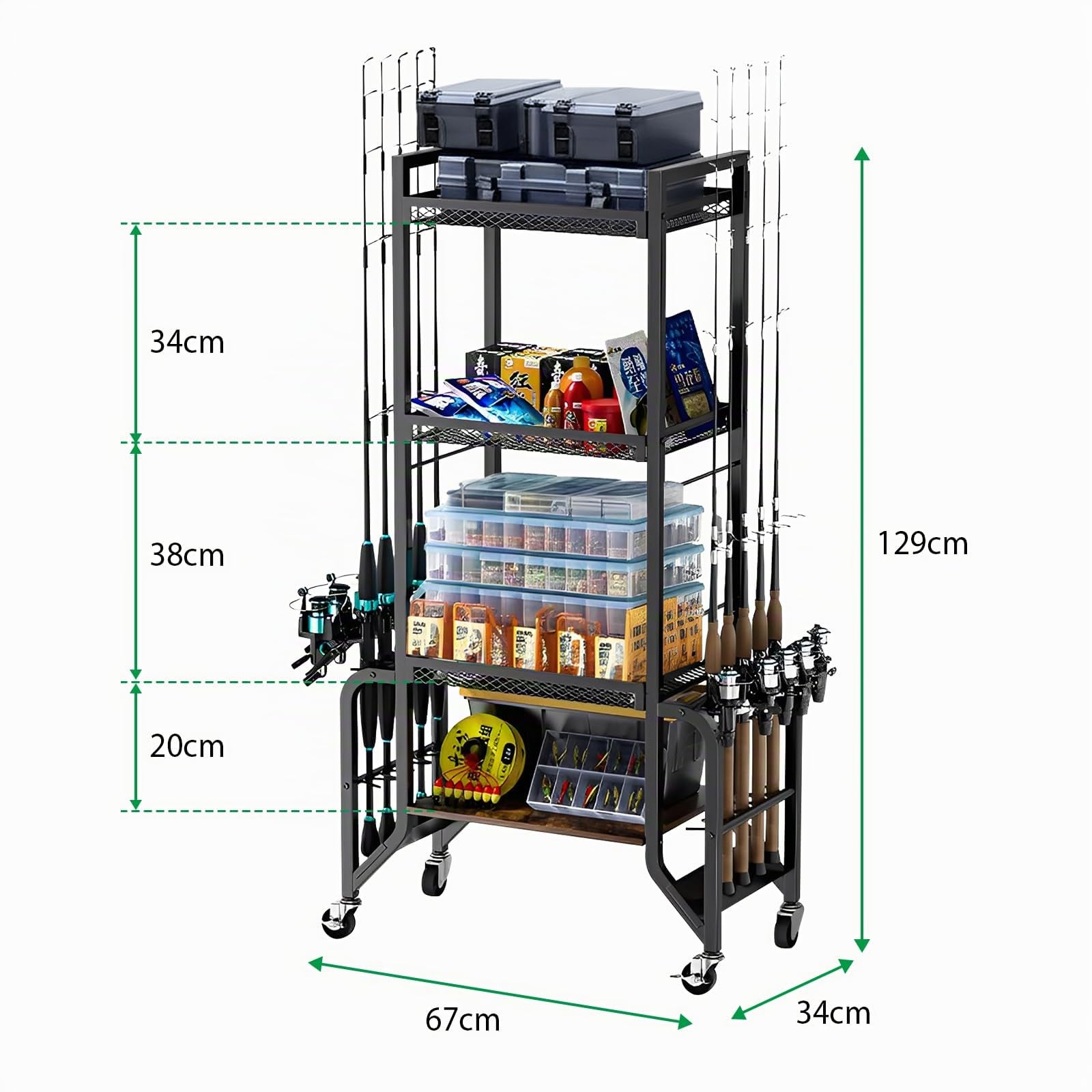 JAOGAUS Soporte para caña de pescar de 4 capas con ruedas para 10 cañas de pescar, estante con 4 rodillos para un fácil movimiento, 2 de ellos con frenos, para garaje, barco, hogar, accesorios de