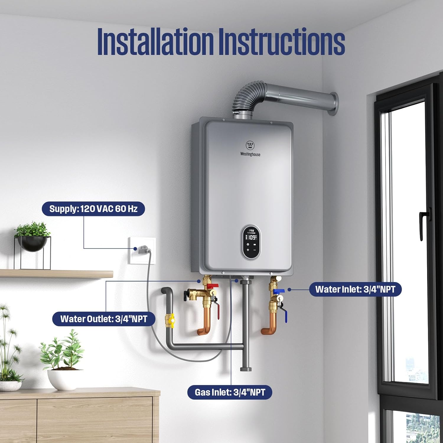 Westinghouse Natural Gas Tankless Water Heater, Indoor Installation, Max 5.1 GPM 120,000 BTU, WIFI Enable Temp Self Modulating Non Condensing High Efficiency for Whole Home, APOLO Performance