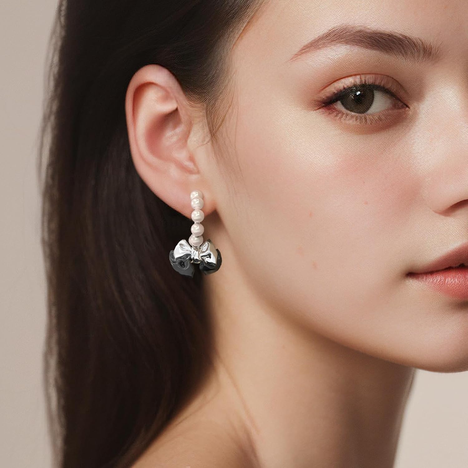 Gold-Plated Classic Pink Black and White Bow Tie Dangle Earrings 丨White Created Preal Ribbon Bow Drop Earrings 丨925 Sterling Silver Ear Posts