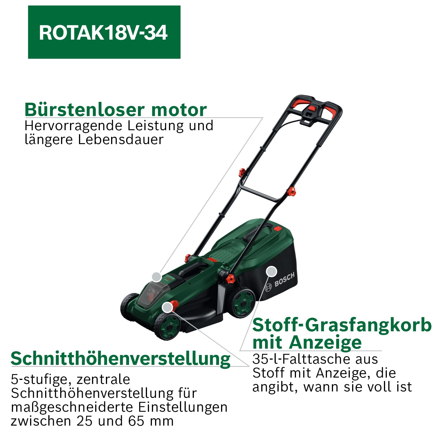 Bosch Akku-Rasenmäher ROTAK18V-34 (Schnittbreite: 34 cm, Schnitthöhe: 25-65 mm, 35 l Stoff-Grasfangkorb, Mulchstopfen, inkl. Akku und Ladegerät)