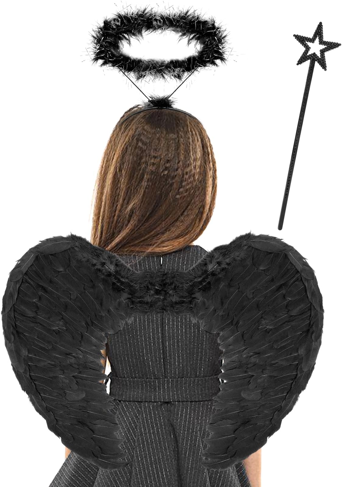 quescuAngel Wings for Adult,Black Wings and Halo for Kids Women,Feather Wings Halloween Costume Dress Up for Kids