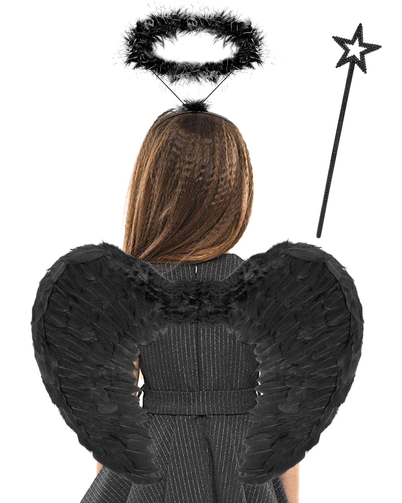 quescuAngel Wings for Adult,Black Wings and Halo for Kids Women,Feather Wings Halloween Costume Dress Up for Kids