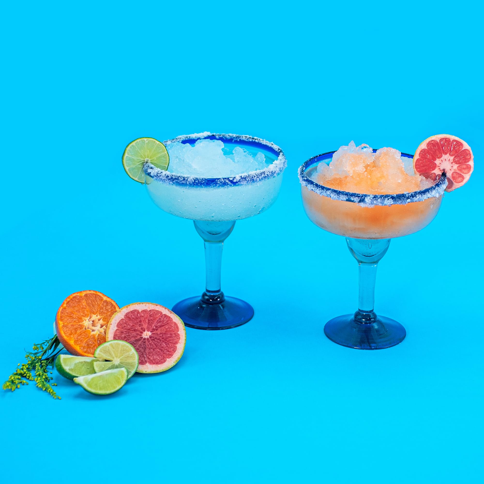 Vasos grandes de margarita mexicana soplados a mano, auténtico cristal hecho a mano de México, borde azul cobalto, juego de fiesta, perfecto para margaritas, piña coladas, cócteles congelados u otras