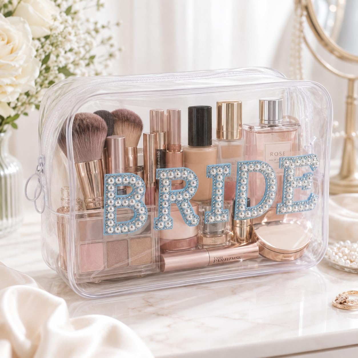 MIXJOY Something Blue Bride Clear Makeup Bag, Bridal Shower Gifts for Bride to be Wedding Day Bag for Daughter Sister in Law, Waterproof PVC Toiletry Bag for Bachelorette Party Engagement Present