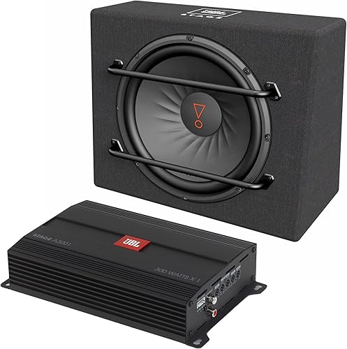 JBL STAGE1200S - Carcasa sellada de 12 pulgadas con amplificador JBL STAGEA3001AM de 300 vatios y kit de cableado Stinger