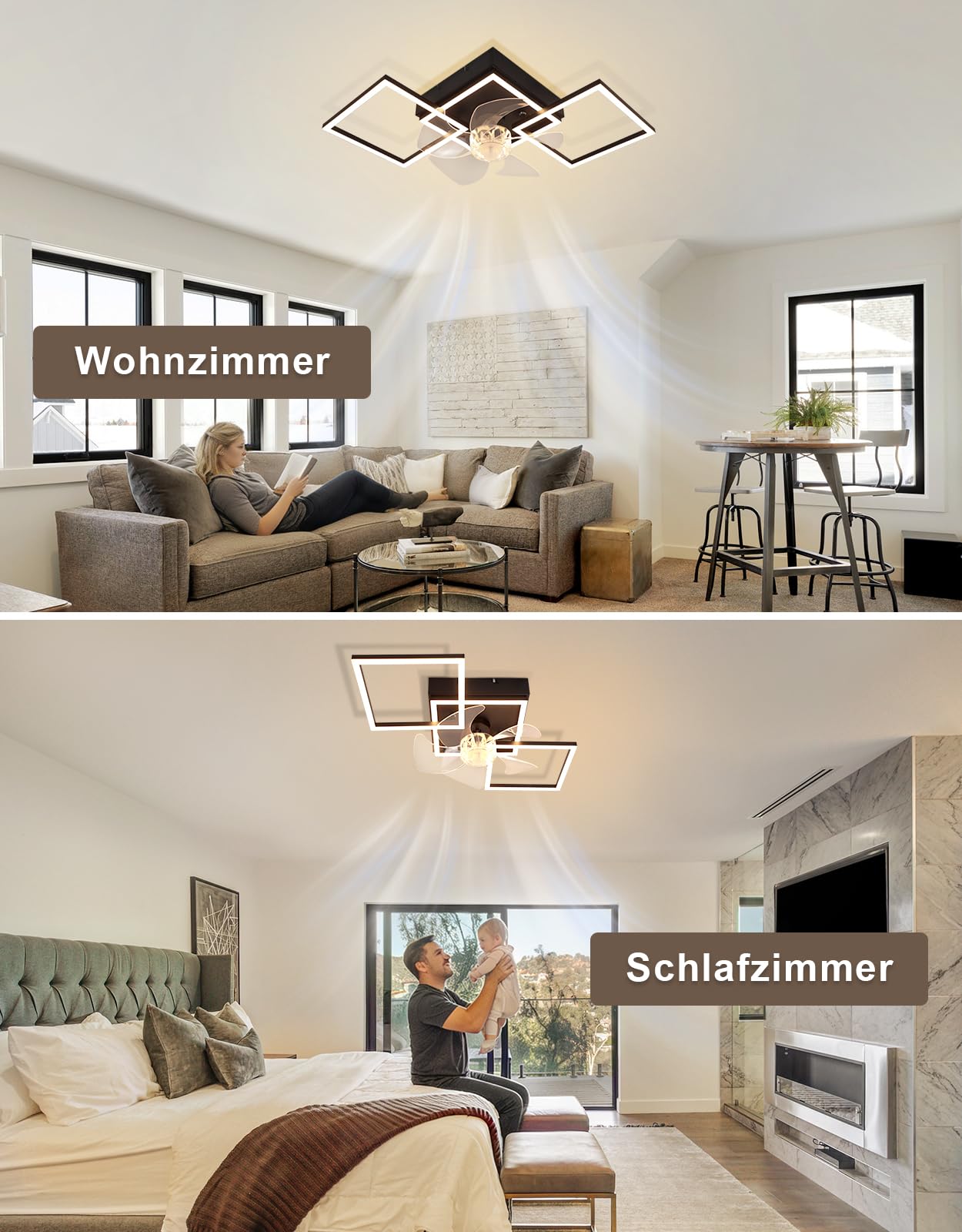Homefire Moderne Deckenlampe mit Ventilator 68cm - Deckenventilator mit Beleuchtung 6-Gang LED Deckenventilatoren mit Licht Dimmbar mit Fernbedienung Timer für Wohnzimmer Esszimmer | Beleuchtung, 6 Geschwindigkeiten LED Deckenventilator mit Beleuchtung, D