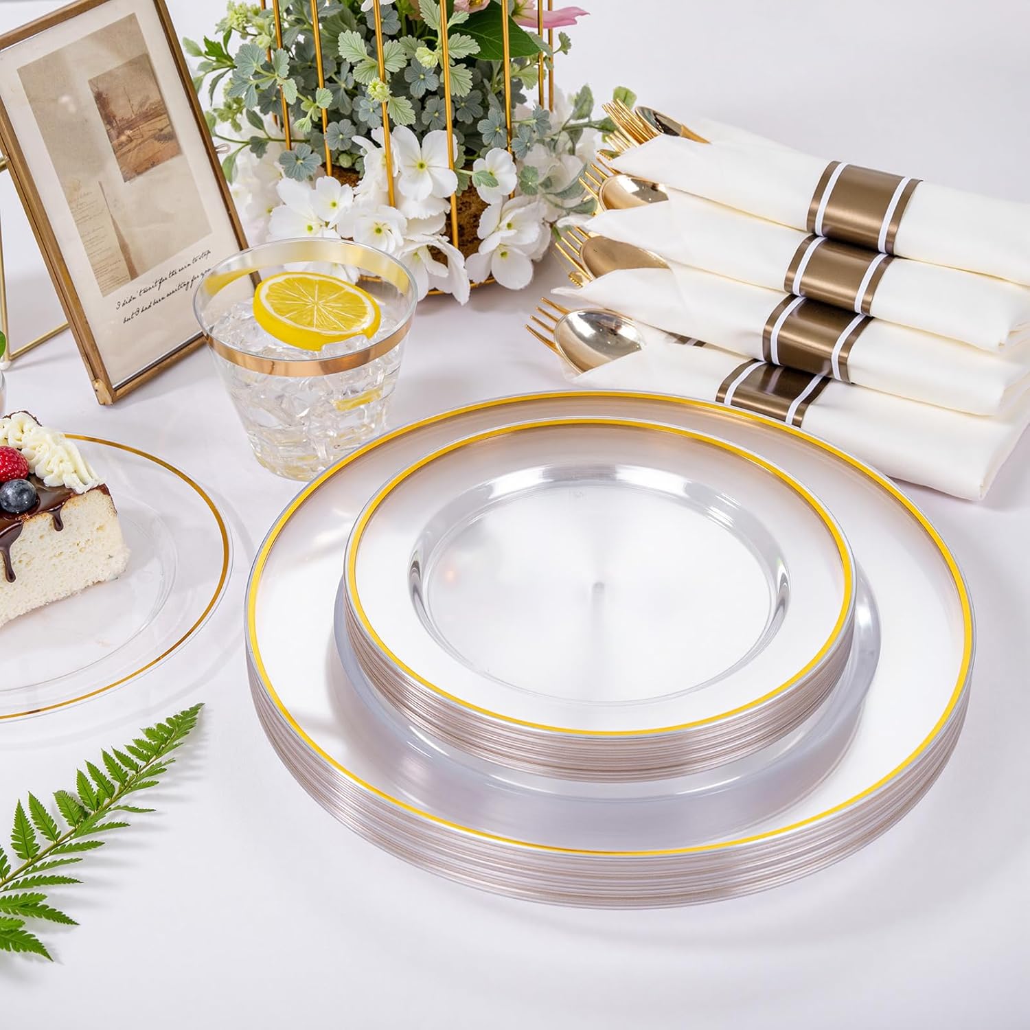 SUT 350 Pcs Gold and Clear Plastic Dinnerware Set for 50 Guests, Include: 50 Dinner Plates, 50 Dessert Plates, 50 Pre Rolled Napkins With Silverware, 50 Cups, Disposable Plates for Party, Wedding - Image 4