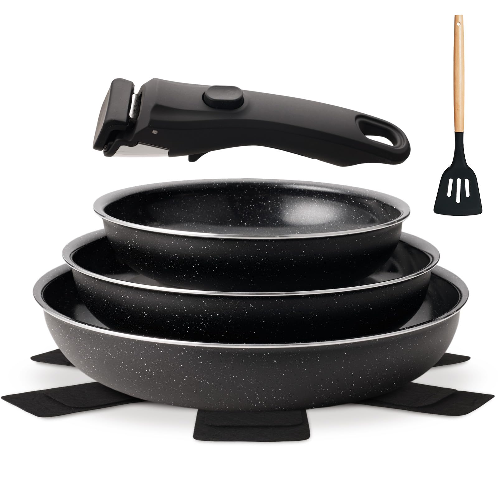 Coicur Pfannenset Mit Abnehmbarem Griff, Induktionsgeeignete Keramikpfanne, Ohne PTFE Und PFOA, 7-Teiliges Pfannen Set 20/24/28 cm, Schwarz