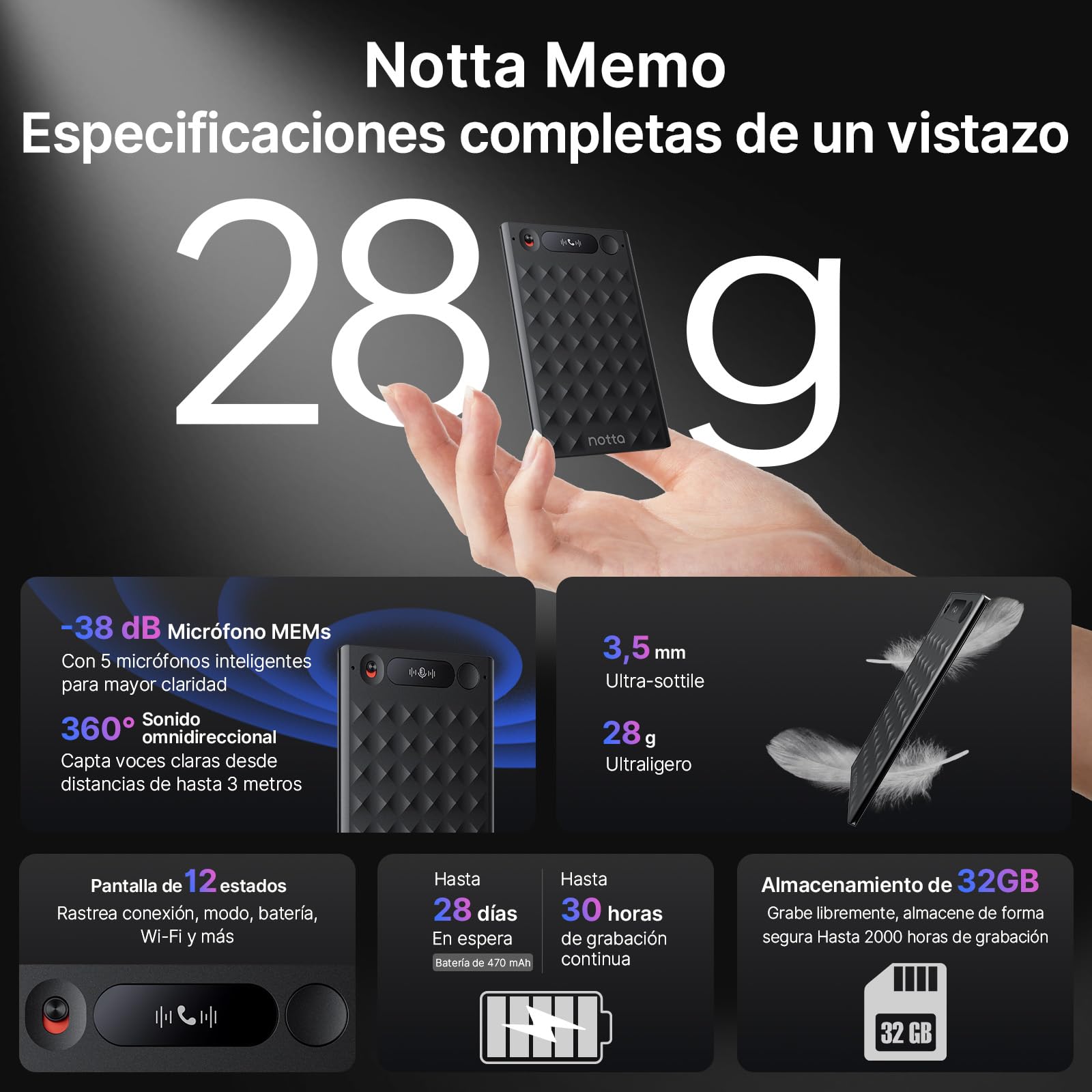 Grabadora de Voz AI, Notta Memo Grabadora Digital con Estuche, Transcripción & Resumen AI en 58 Idiomas, Memoria 2000h, Grabación con un Toque para Llamadas, Reuniones, Entrevistas, Clases