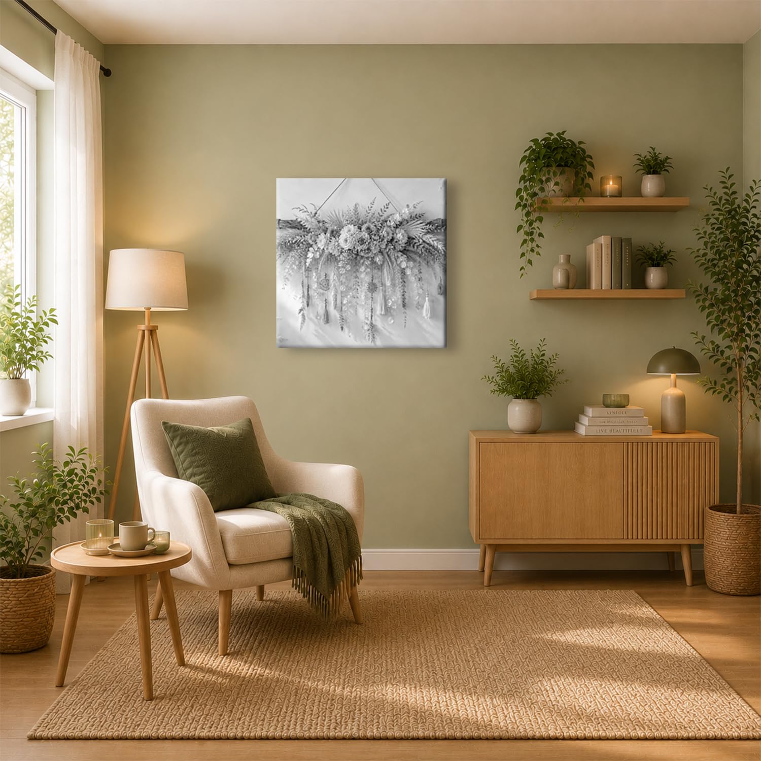 Leinwandbild Trockenblumen mit Hängedeko an Stab 70x70cm Schwarz&Weiß