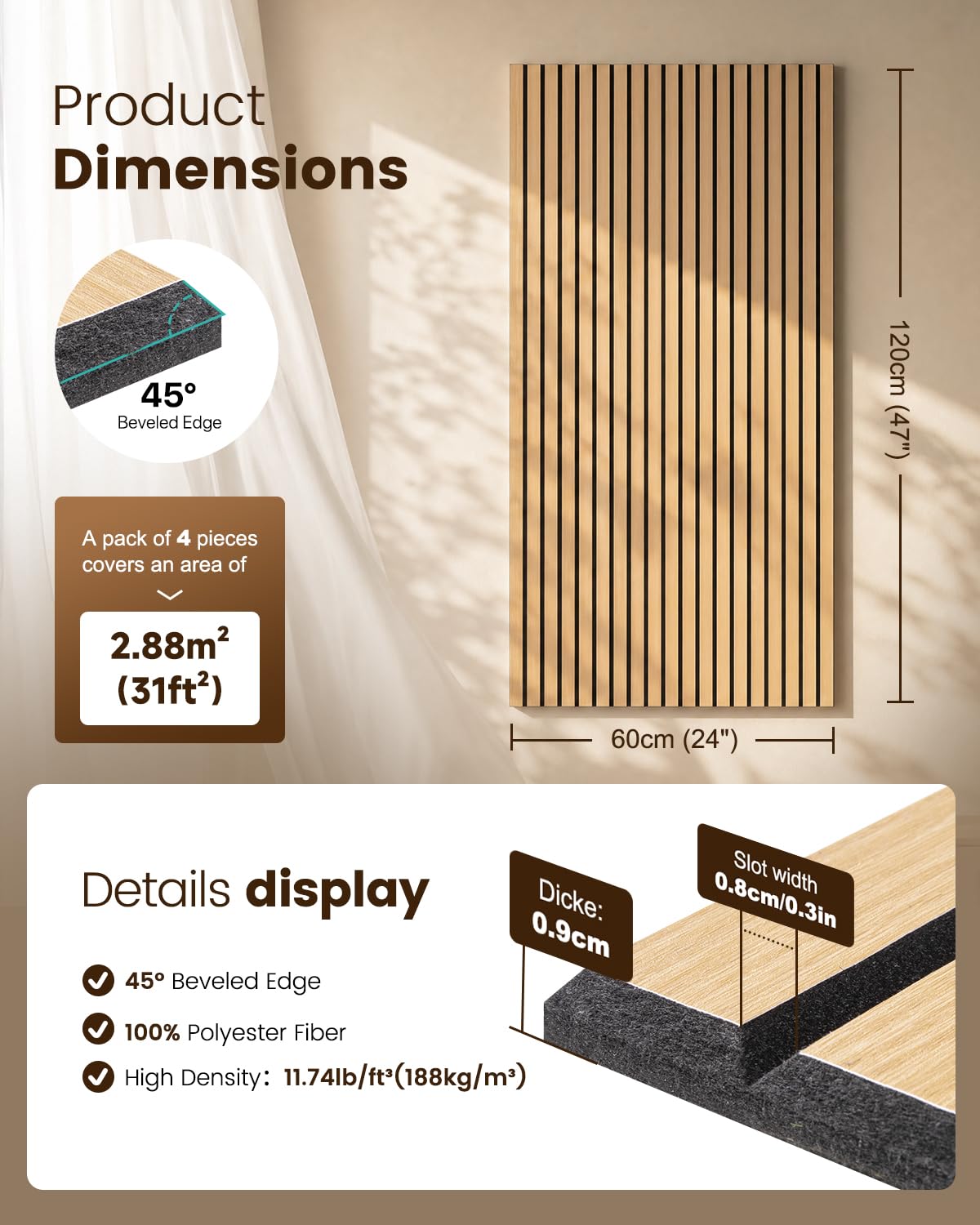Soundsbay Akustikpaneele Selbstklebend 2.88 m²-4 Stück 120×60×0.9cm Oak | Akustikplatten Wandpaneele aus Groß Schallschutzplatten für Akustische Behandlung und Wanddekoration