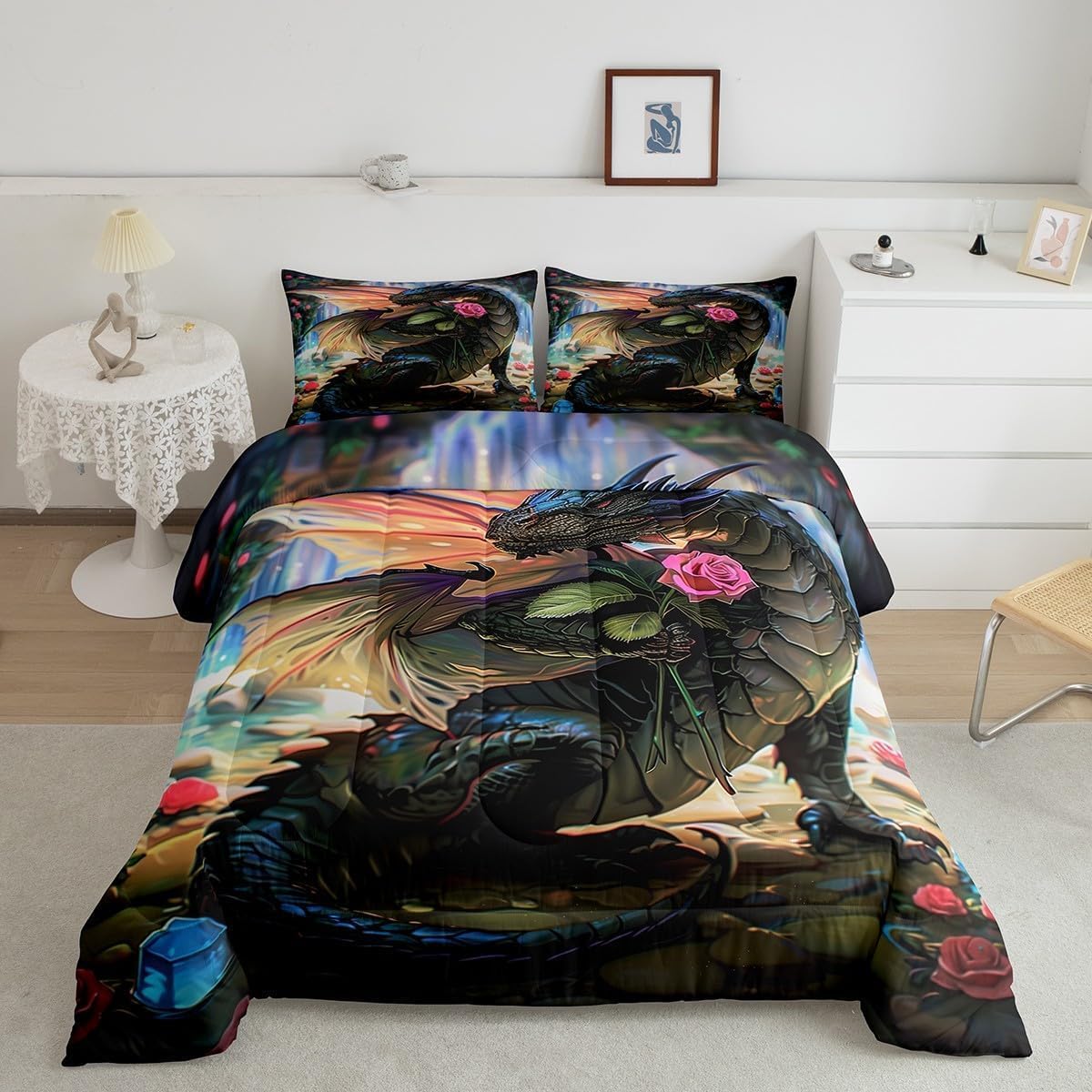 Erosebridal 3D Dragon Twin Comforter Set Magical Animal Bedding Set for Kids Boys Girls, Pink Rose Flower Bedding Comforter Sets Ancient Wildlife Duvet Set, Red Floral Quilted Comforter