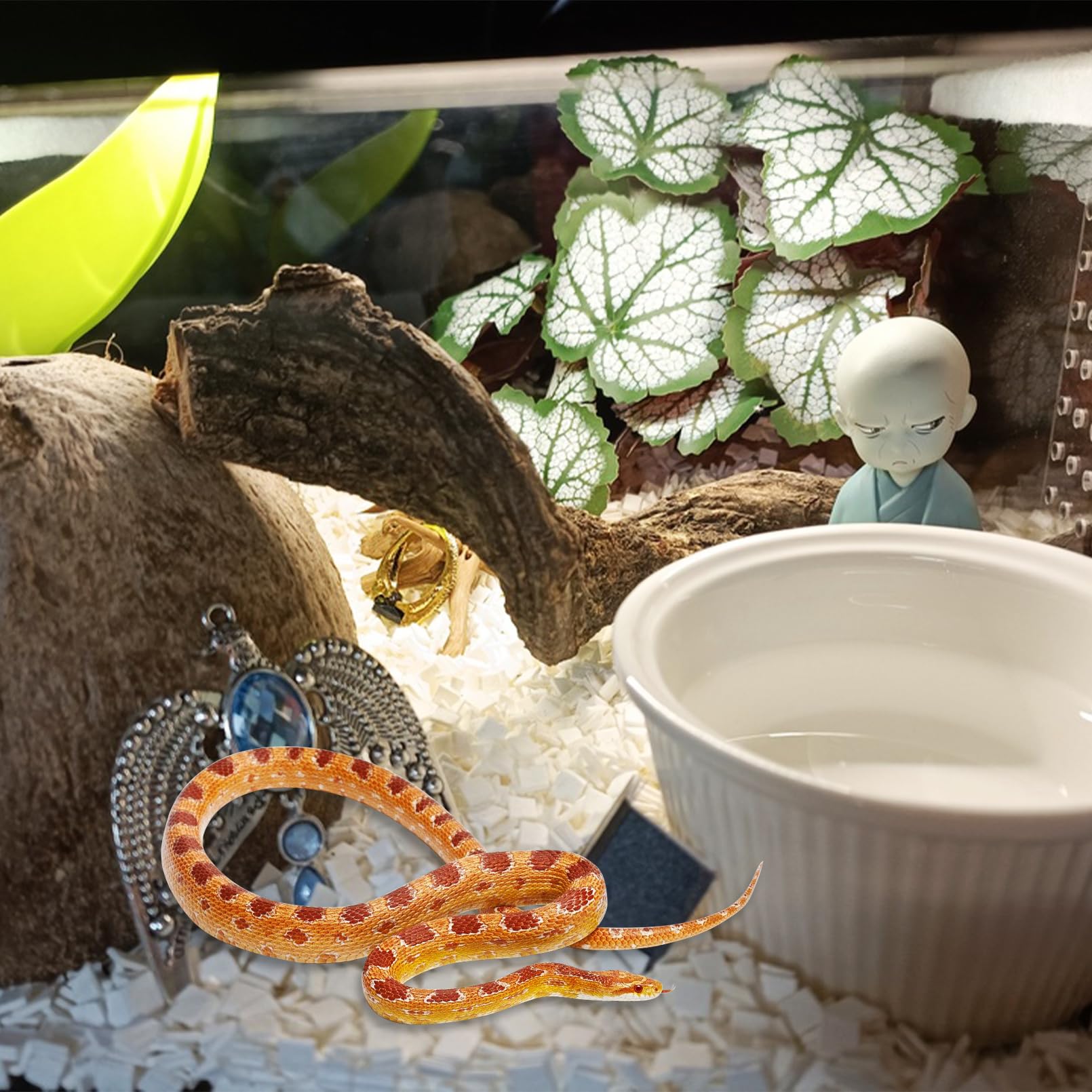 VCEPJH Plantas de reptiles con ventosa, decoración de hábitat de anfibios, 2 hojas artificiales para decoración de terrario, accesorios de tanque de geco crestado, para dragón barbudo, lagarto