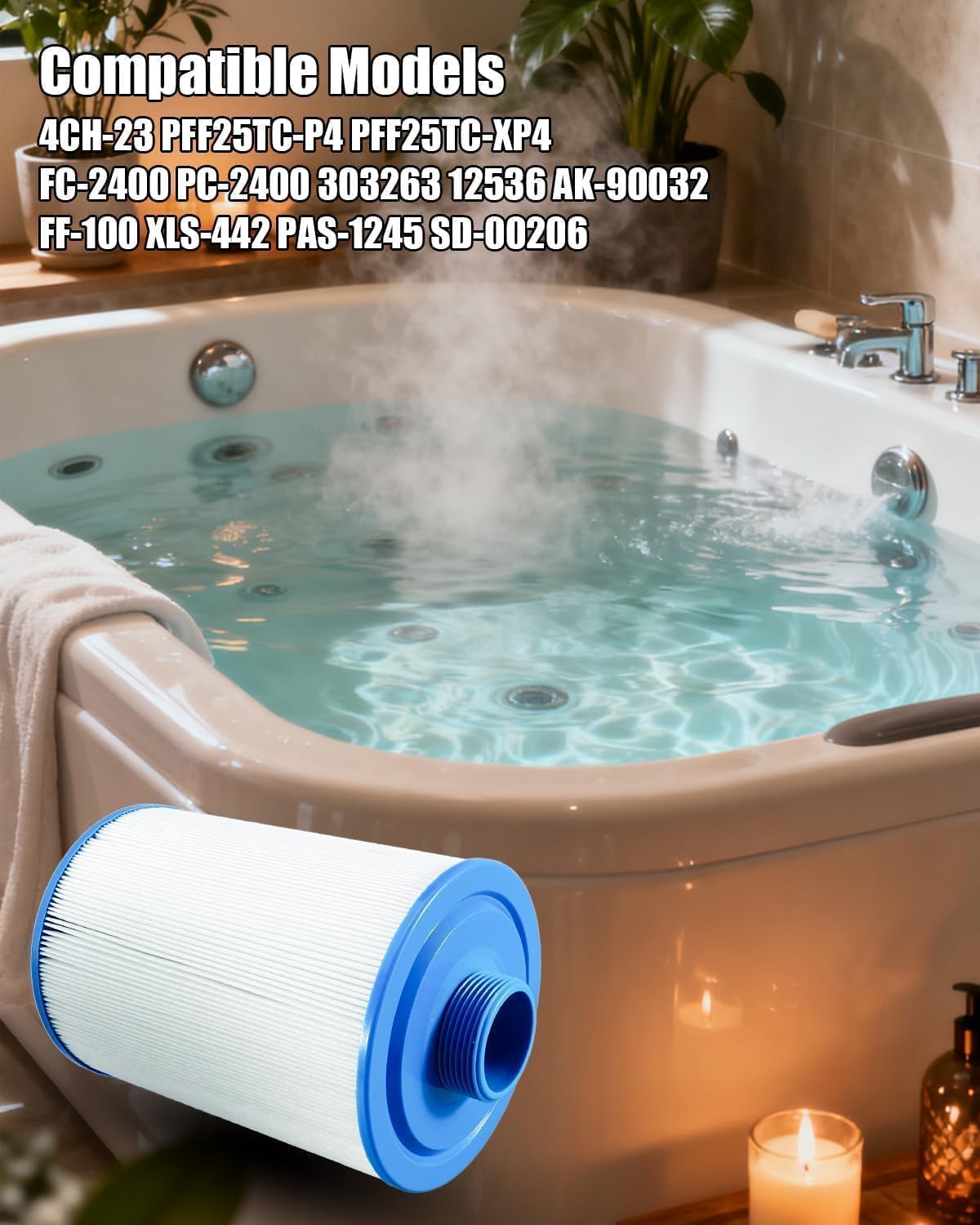 4CH-23 Spa Filter Compatible with Unicel 4CH-23 Pleatco PFF25TC-P4 Filbur FC-2400 Lifesmart 303263 Aladdin 12536 Baleen AK-90032 FF-100 XLS-442 PAS-1245 SD-00206, Hot Tub Filter Fit 1 1/2 Inch Inlet