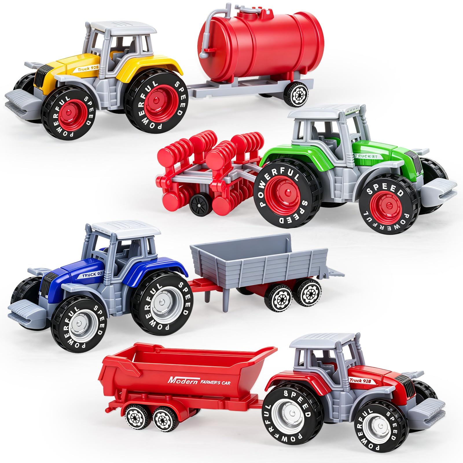4 Pack Farm Tractors, Farm Toys Truck with Trailer for Kids Boys 3-8