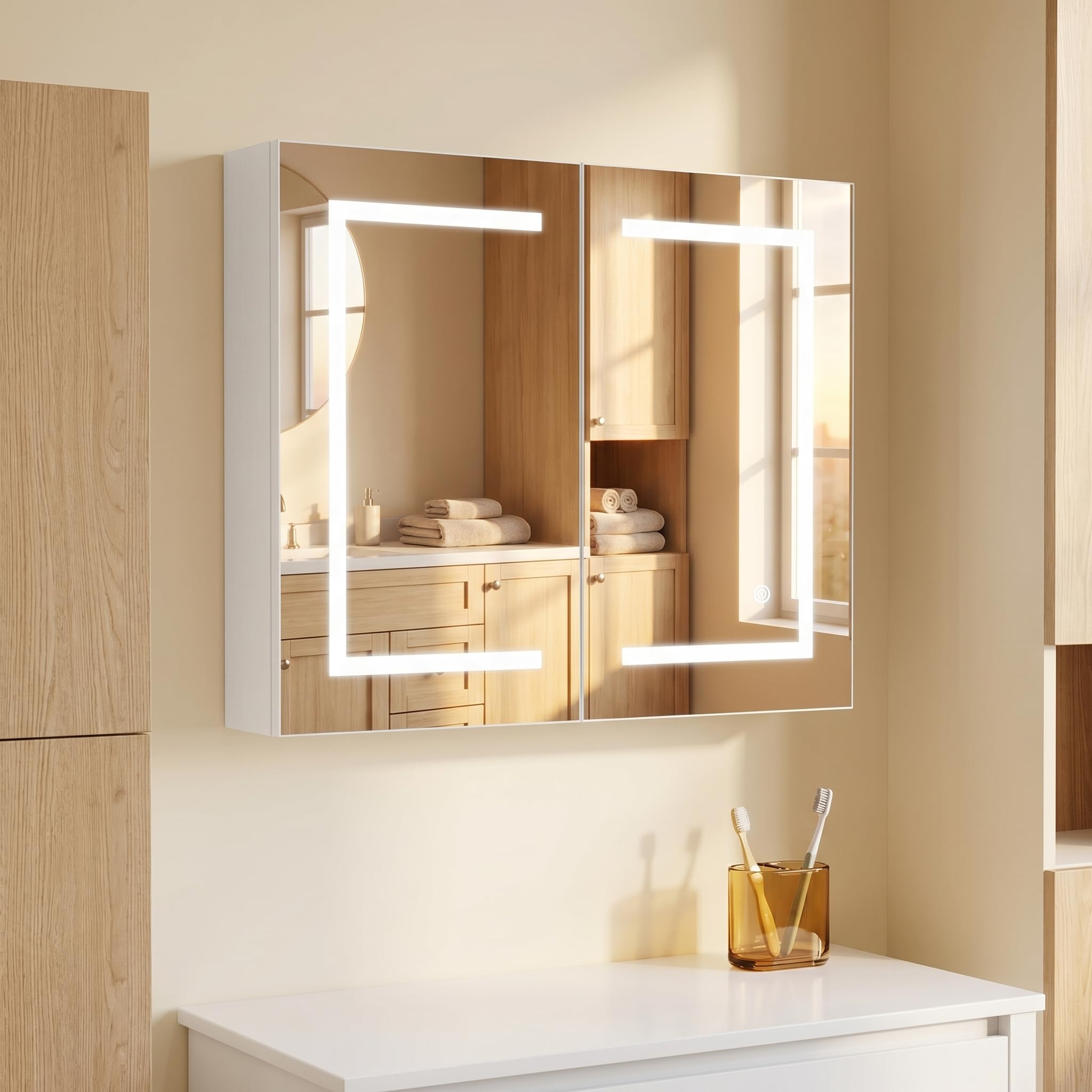 Armario con espejo para baño con iluminación, 80 x 13,5 x 60 cm, 2 puertas, armario de baño con espejo con iluminación y estante, 3 colores de luz regulables y almacenamiento de 3 niveles