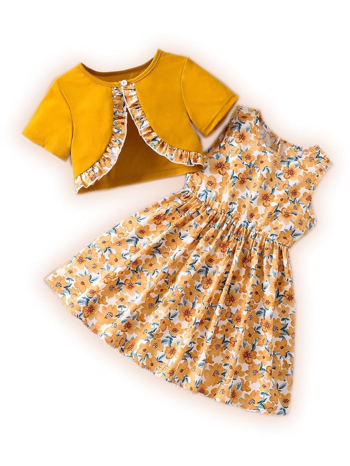 Girls Floral Print Dress for Kids, Fit and Flare, Round Neck, Frock for Girls (Yellow)