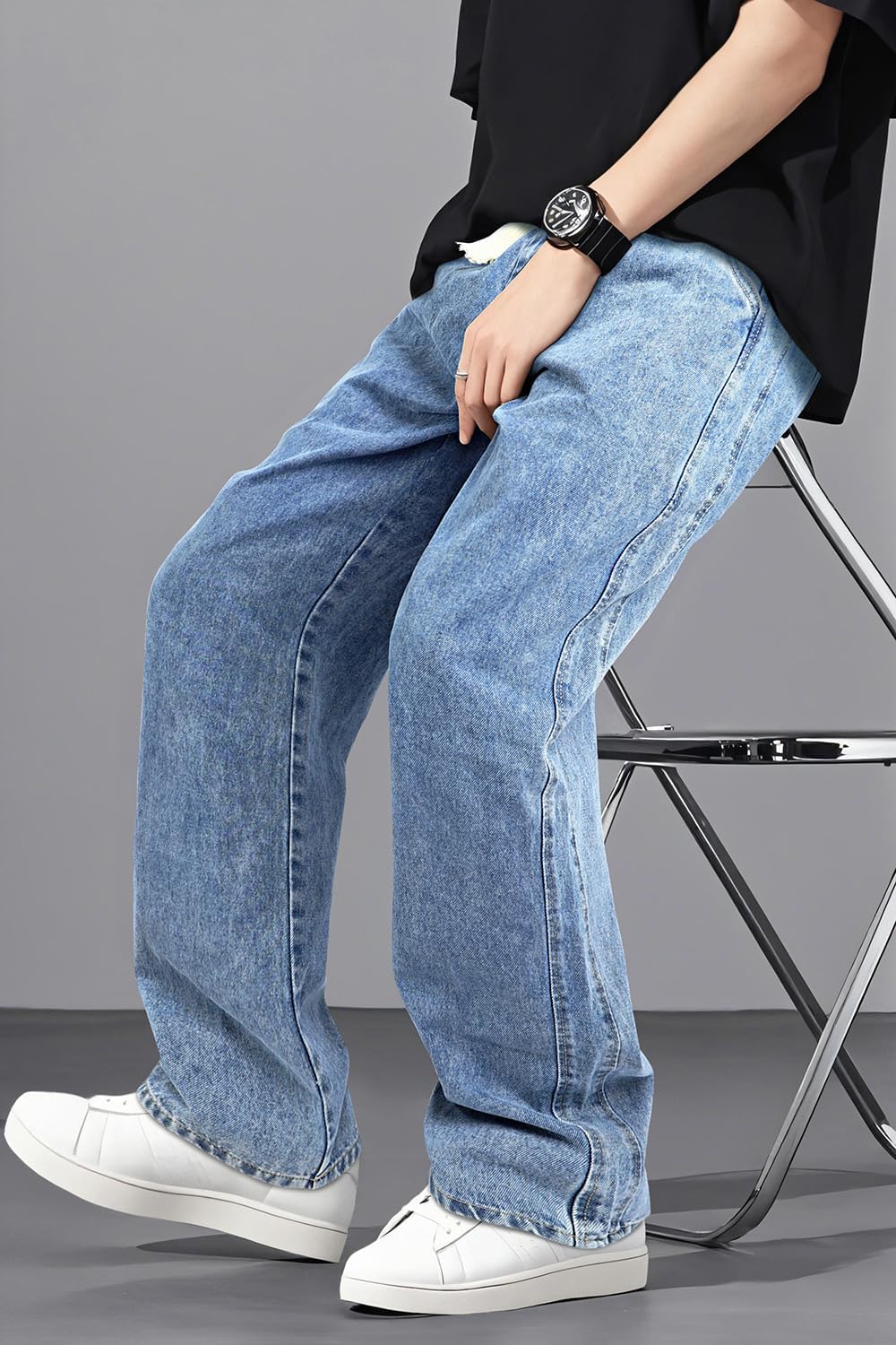 Mens Baggy Jeans Elastic Waisted Denim Pants for Men with Drawstring Streetwear - Image 2