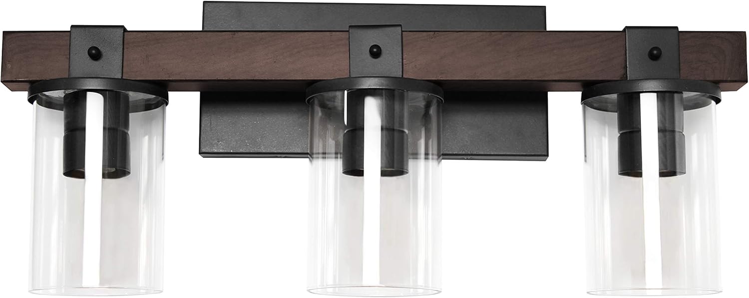 Elegant Designs VT1009-BWN Industrial Rustic Lantern Restored Wood Look 3 Bath Vanity Light, Brown