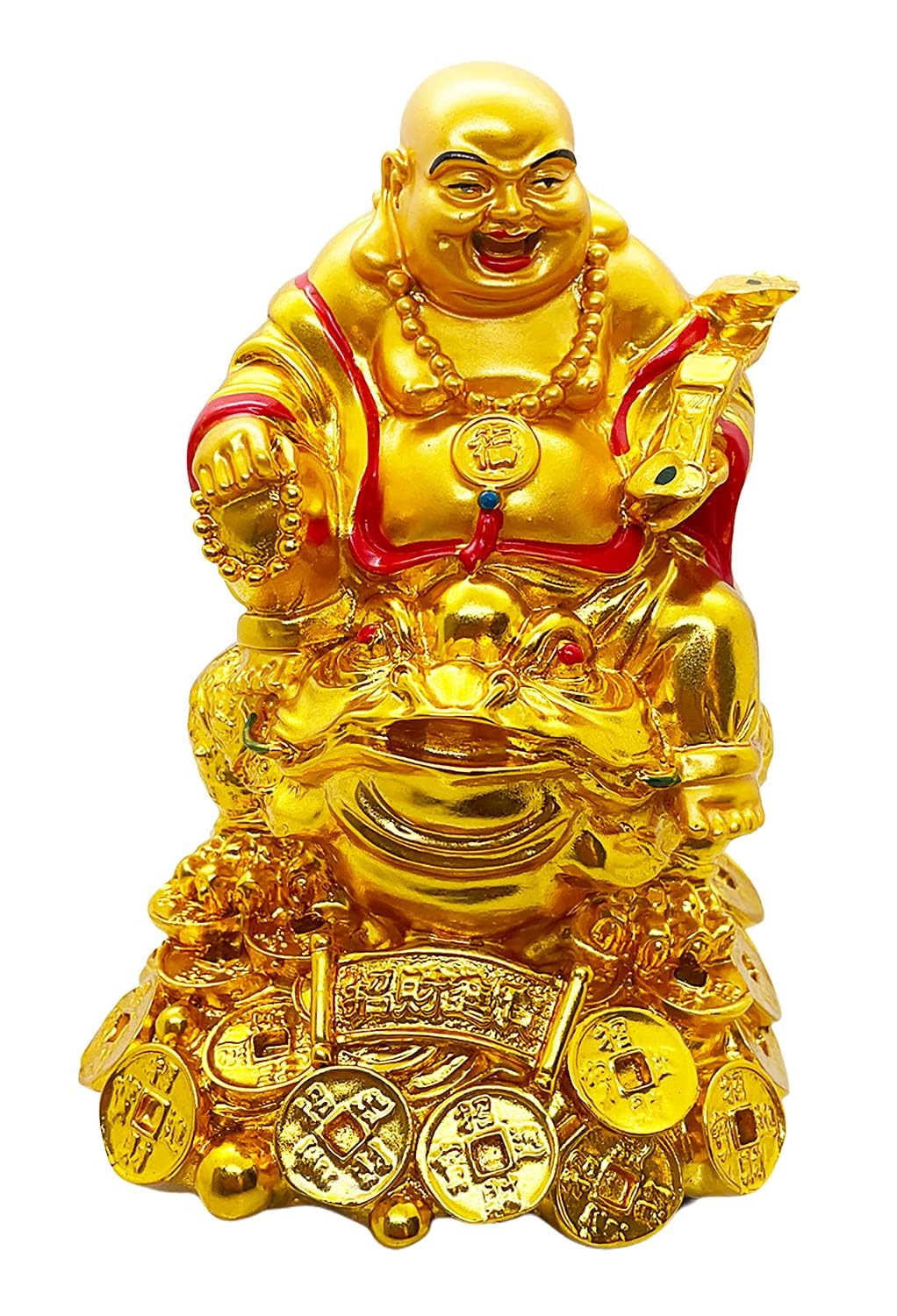 GOODMARTSGOODMARTS Fengshui Exclusive Polyresin Medium Size Set of 1 Happy Man Laughing Buddha with Money Frog & Gold Coin for Good Luck Office Decor, Home Decoration