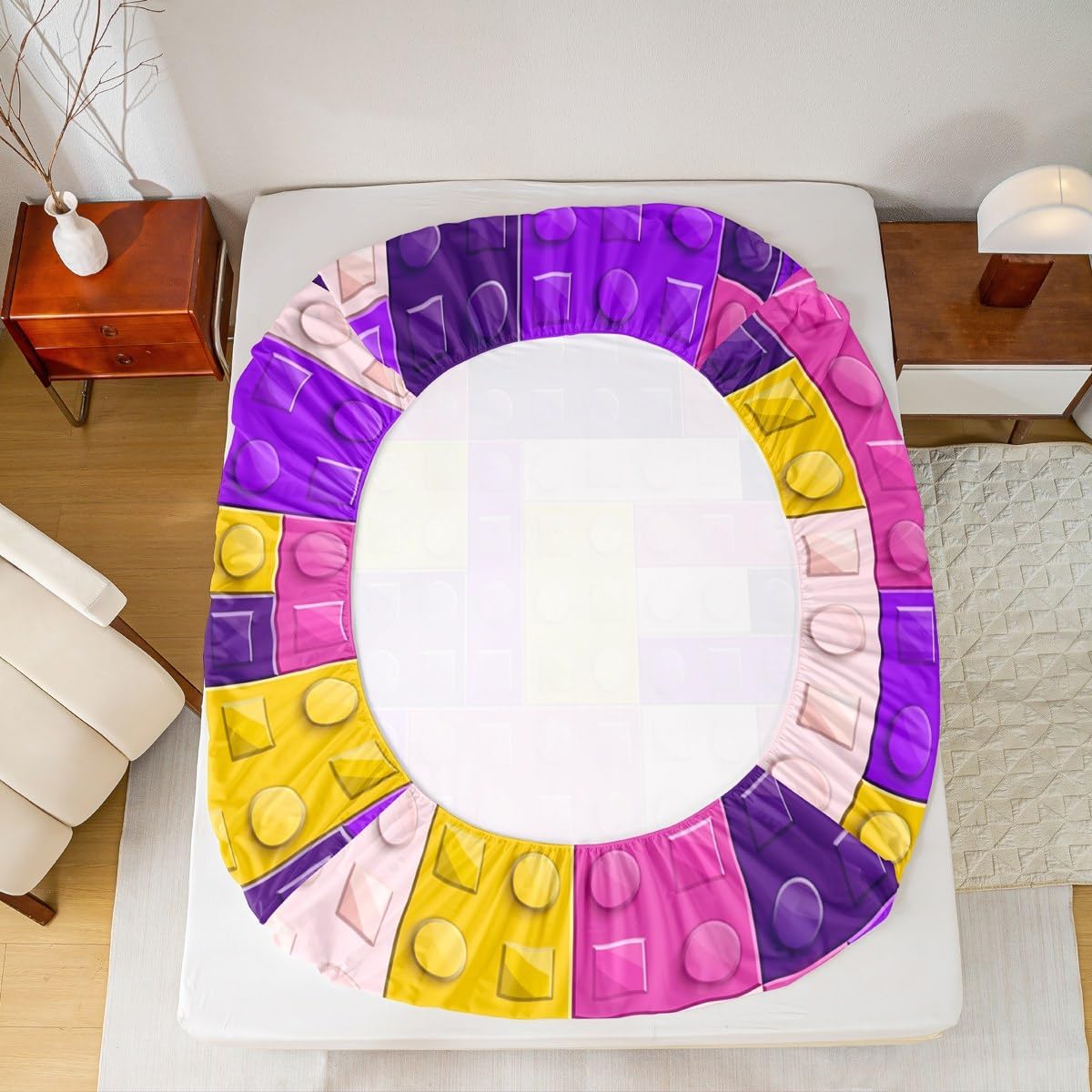 Feelyou Colorful Toy Bedding Set Teen Women Men Funny Building Blocks Decor Bed Sheets King Size Kids Boys Girls Purple Yellow Geometric Brick Fitted Sheet Set Cute Games Room Decor image 4