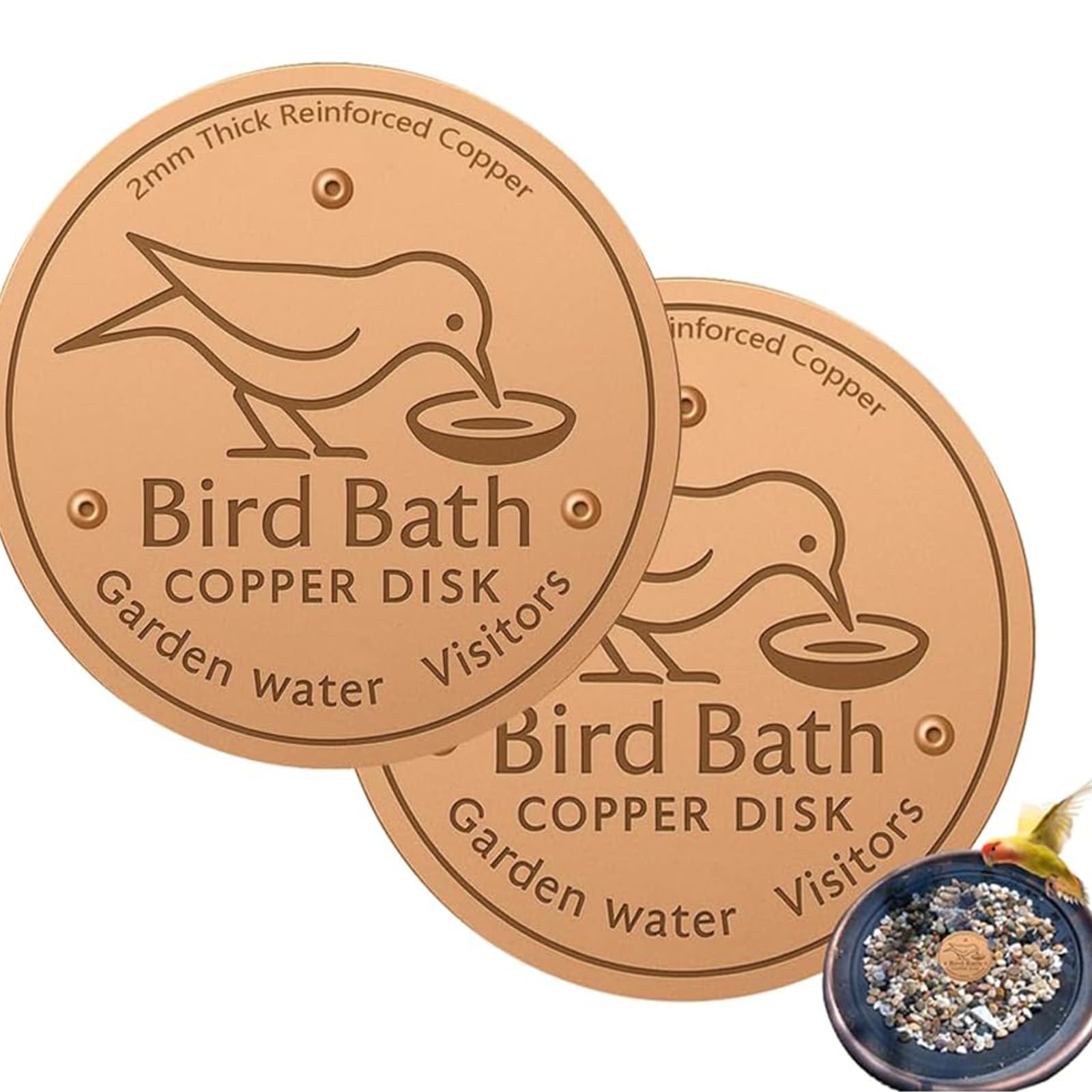 Kupfer-Vogeltränke, 2 mm dick, natürlicher Wasserreiniger mit 3-Punkt-Unterstützung, sicherer Algenhemmer für den Außenbereich, Garten, Vogeltränke, ganzjährig, 2 Stück
