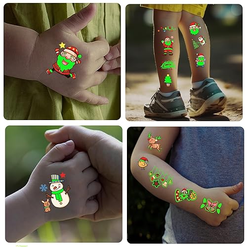 Miniatura 5 de 36 hojas de tatuajes temporales que brillan en Navidad para niños, muñeco de nieve, pingüino, alce, Papá Noel, tatuajes luminosos para niños y