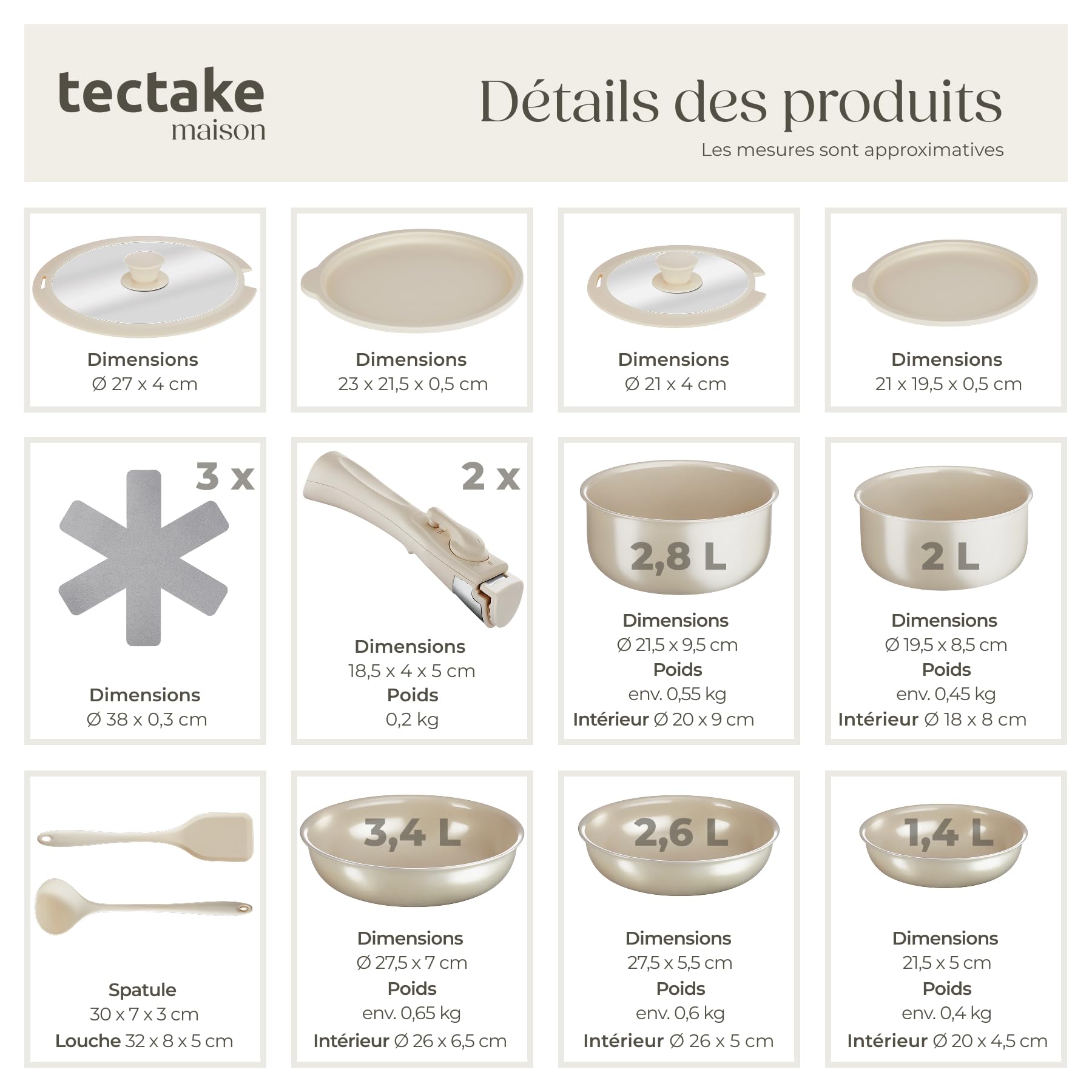 tectake® Set de cuisine 40 pièces, Service de table 6 personnes et Batterie de cuisine, Poêles Casseroles, Service vaisselle, Assiettes plates Assiettes creuses, Bol, Spatule Louche, Vaisselle en grès