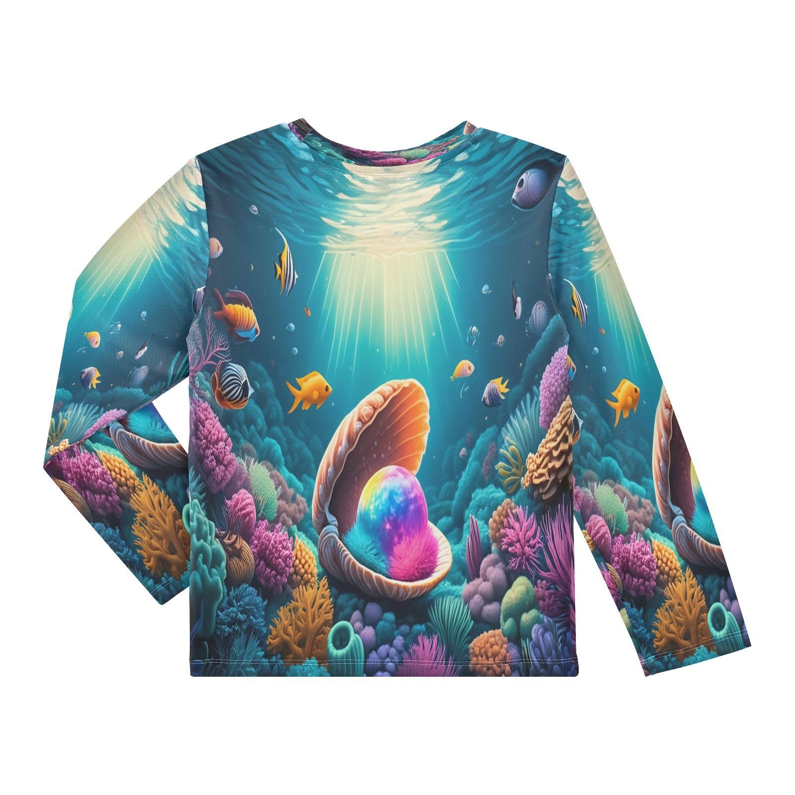 Coral Reef Fishes Pearls Teal Boy's Rash Guard Swim Shirt Long Sleeve Sun Shirt for Swimming Pool Beach UPF50+ 4T