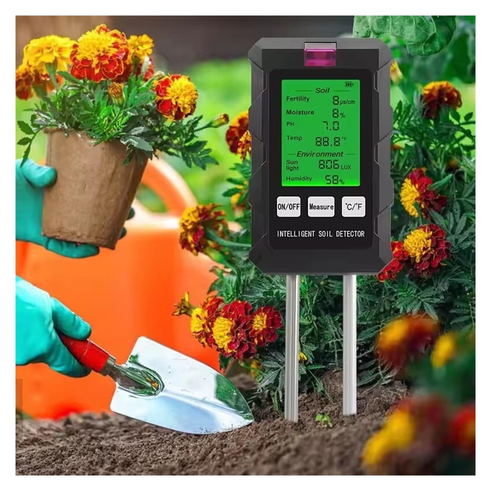 Humidimètre pour Sol, Testeur de Sol Multifonctionnel 6 en 1 Fertilité pH Température Humidité Lumière du Soleil Détecteur d'humidité de l'air pour Le Jardinage et l'agriculture