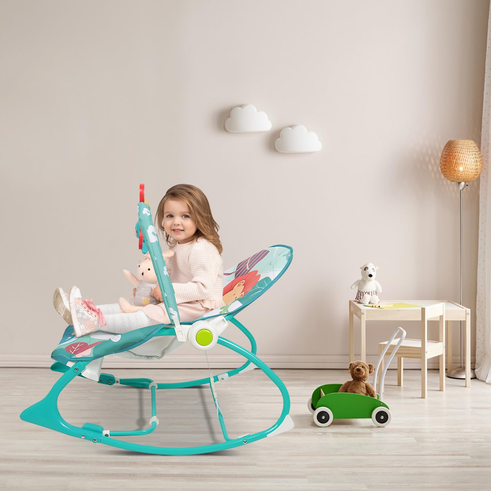Transat Bébé Vibrations Apaisantes, Transat Evolutif et Siège Sauteur,3 Positions d'Inclinaison, Musique, 3 Points Harnais, 2 Jouets, Arche de Jeu, 0-6 Mois Jusqu'à 11 kg (bleu)