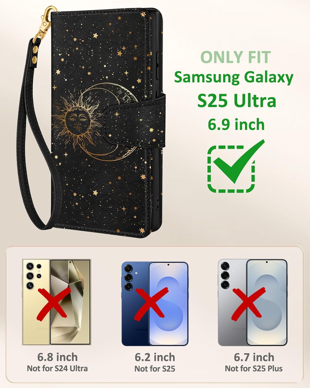 Toycamp for Samsung Galaxy S25 Ultra Wallet Case with Wrist Strap - Leather Flip Folio Phone Case with RFID Blocking 4 Card Slots Galaxy S25 Ultra Funda Cute Aesthetic for Women Lady, Black Sun Moon - Image 2