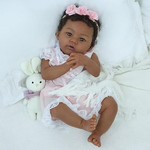 Miniatura 4 de Muñeca Reborn Baby Girl negra  Muñeca realista de 18 pulgadas recién nacida afroamericana hecha a mano con cuerpo suave y peso real y accesorios