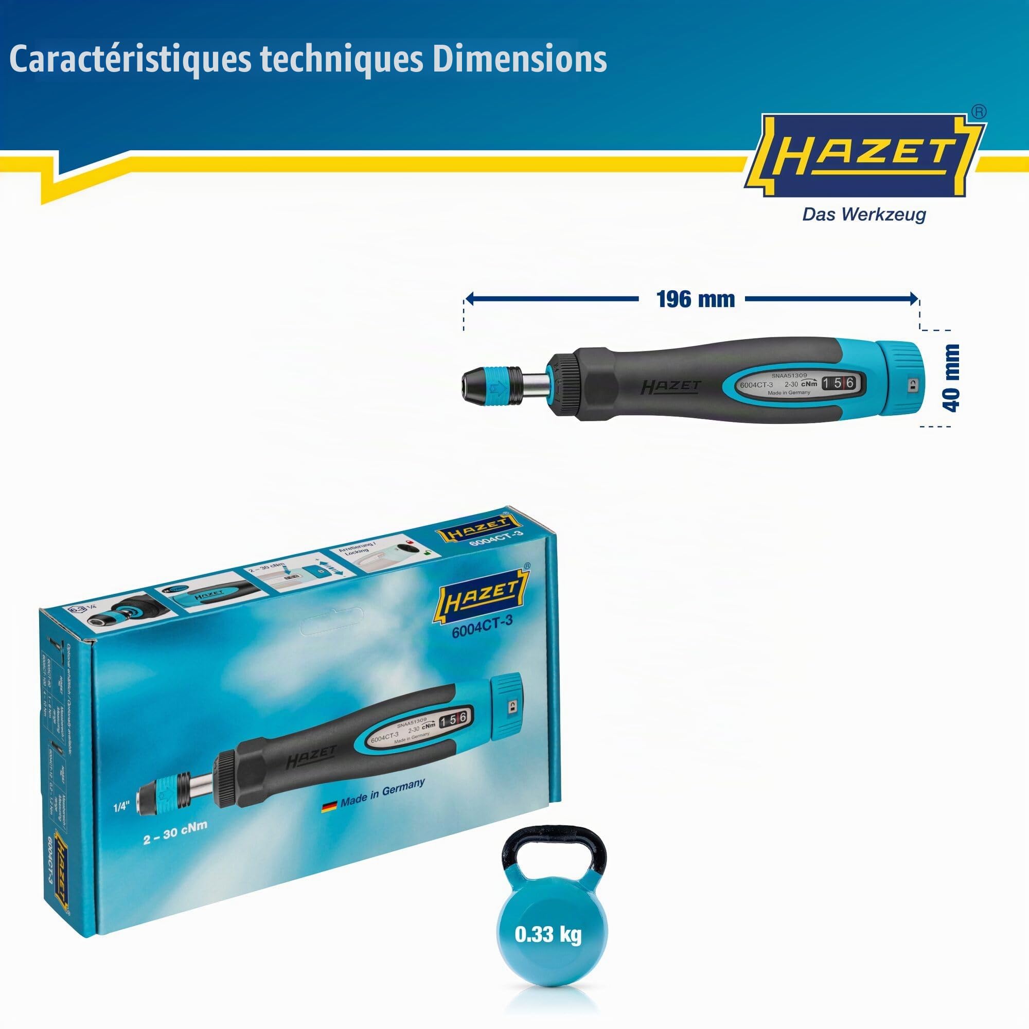 HAZET Tournevis dynamométrique 6004CT-3, 1/4" avec poignée standard, 0,02-0,3 Nm, précision 6%, longueur 196 mm, réversible droite/gauche, mécanisme roue libre'