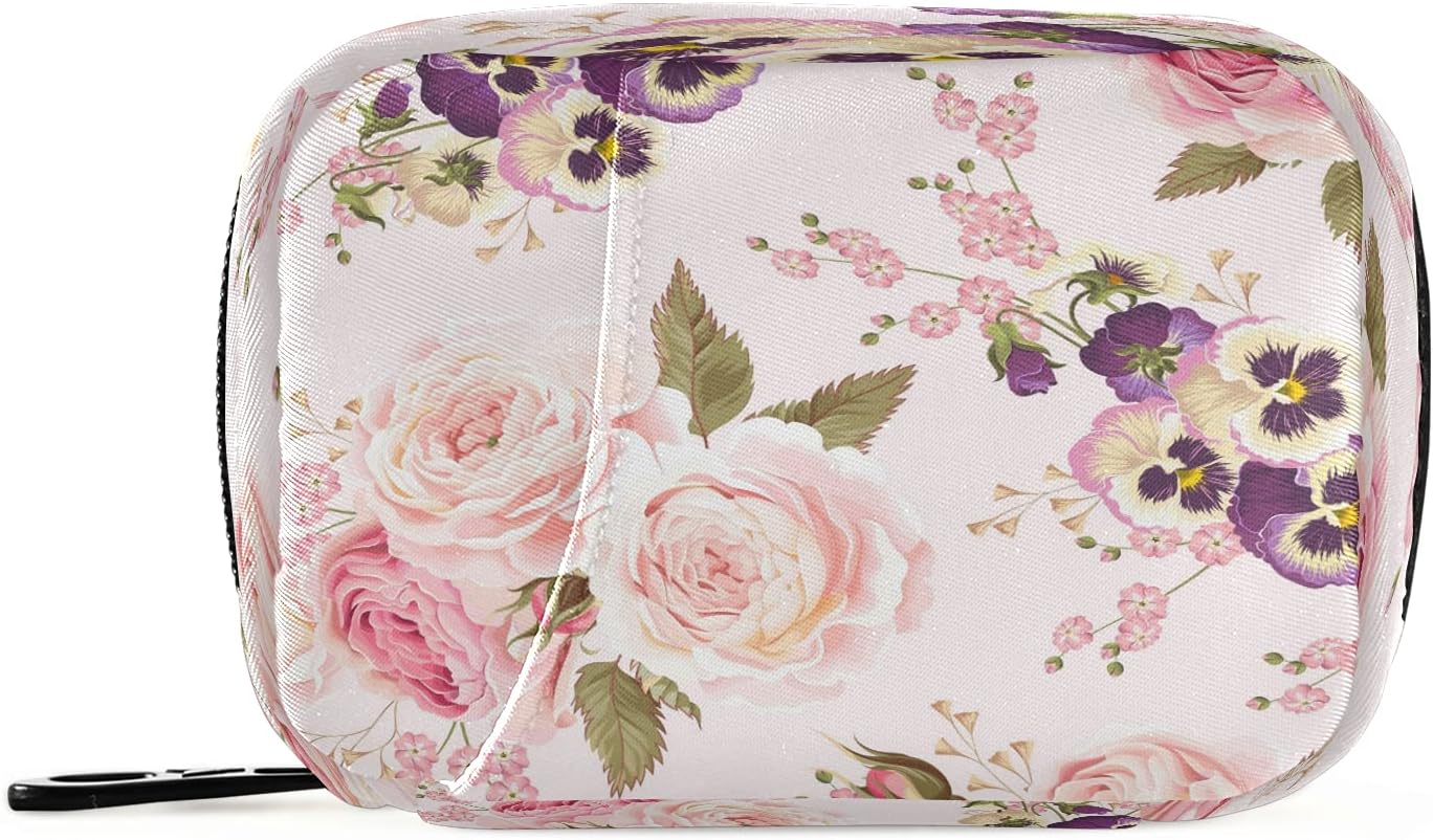 xigua Pink Floral Travel Medicine Bag Organizer, Compact Size Portable Pill Bag Container for Vitamin and Supplement Holder, 7 Days Pill Case Organizer with Zipper for Travel Family Business