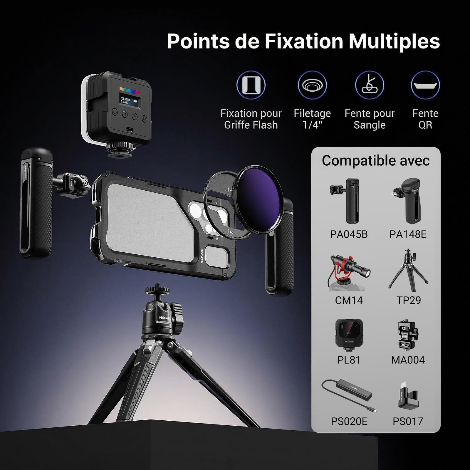 NEEWER S26 Ultra Cage Téléphone,Kit de Stabilisation Vidéo Mobile pour Vlog avec 3 Plaques Arrière pour Filtre 67mm,Objectif 17mm& à Monture T,Compatible Uniquement avec Samsung Galaxy S26 Ultra,PA182