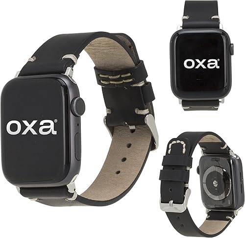 OXA Leather Stitch Detailed Compatible with Apple Watch Band  Series 8 7 6 5 4 3 2 1 SE Ultra  Polished Stainless-Steel Buckle and Adapters  Men and