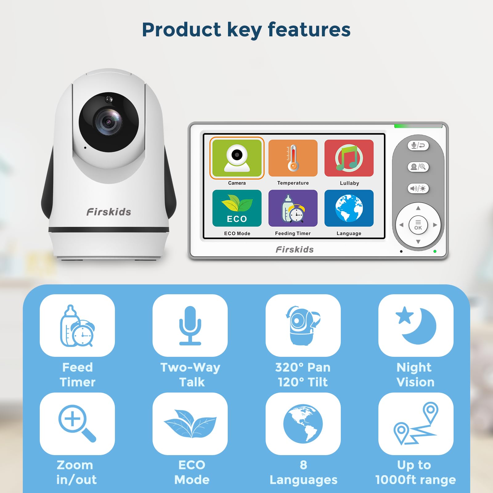 Monitor de bebé con 2 cámaras sin WiFi, pantalla dividida IPS de 4.3 pulgadas, batería de 30 horas, zoom panorámico, visión nocturna, audio bidireccional, sensor de temperatura ambiente