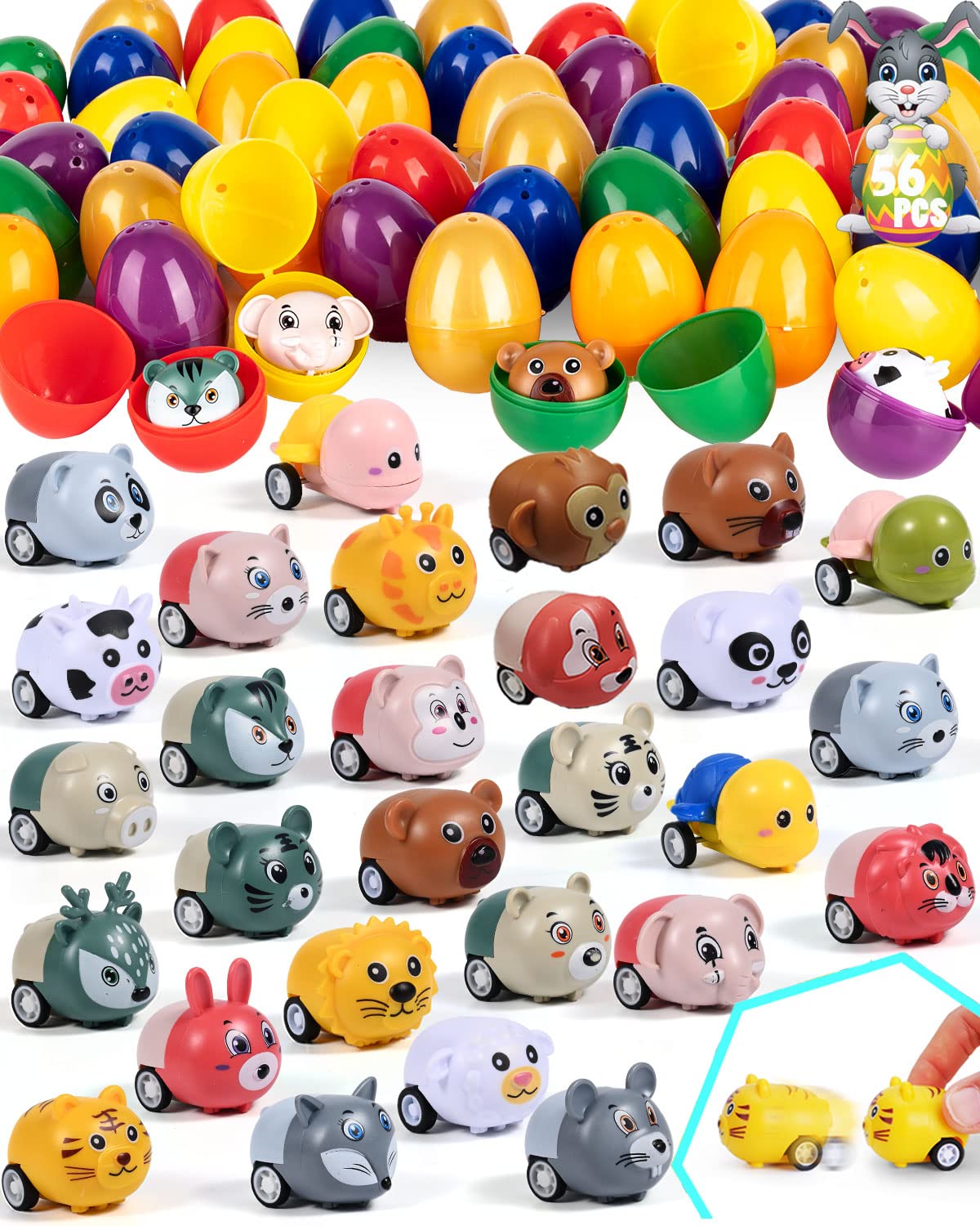 DraMosary Prefilled Easter Eggs - 28 Pack of Brightly Colored 2 3/8" Plastic Eggs Fillable with Easter Animal Pull Back Car Toy Inside for Kids Easter Hunt/Classroom Prize Supplies/Easter Party Favor