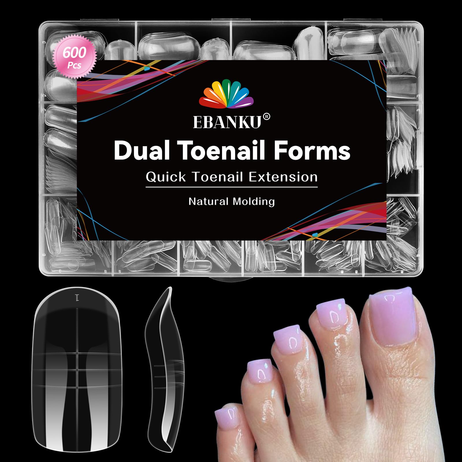 600 Pcs Toe Nail Dual Forms for Poly Extension Gel, EBANKU Toenail Extension Forms Reusable Full Cover Molds for French Tip Acrylic Toenails Pedicure