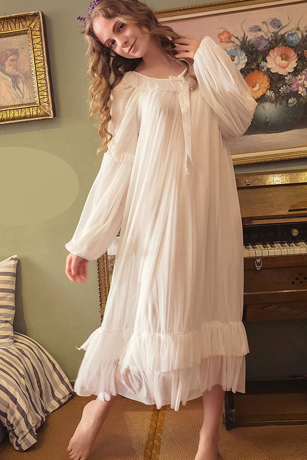 Viktorianisches Nachthemd für Damen, lang, durchsichtig, Vintage-Stil, Nachtwäsche, Pyjama, Loungewear, Prinzessinnen-Hausmantel, Nachthemd