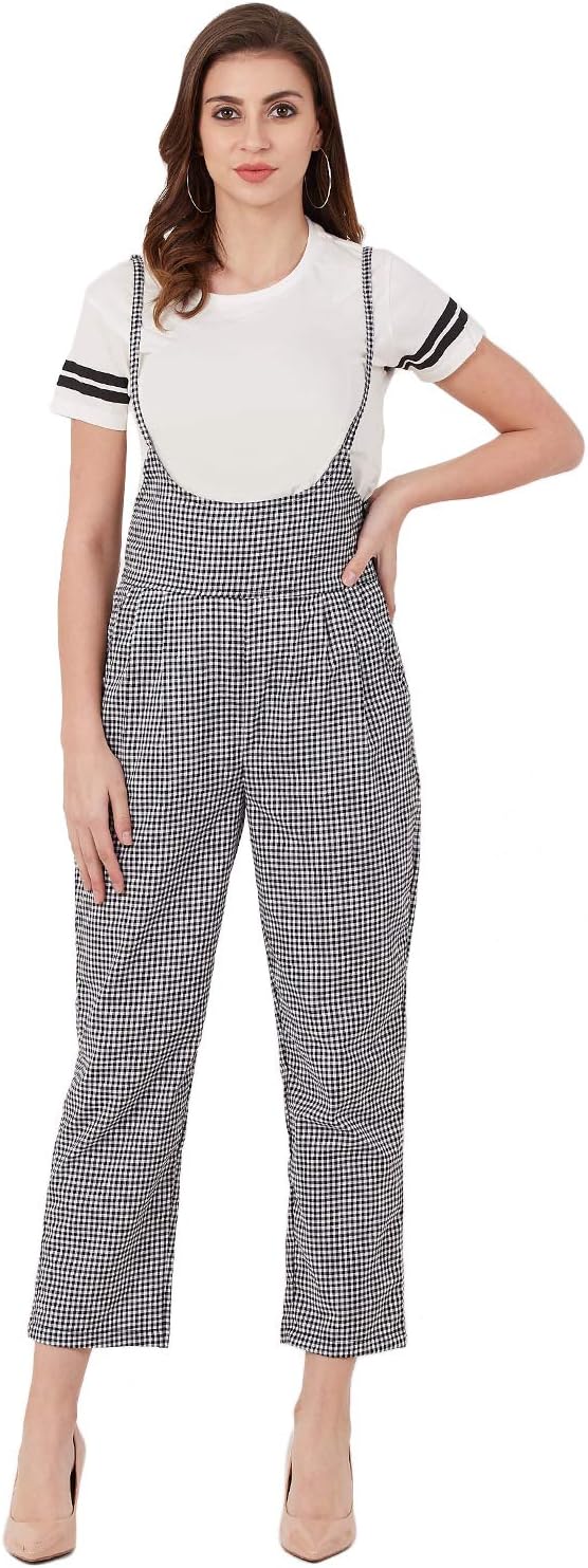 Indietoga Women's Checkered Cotton Pinafore Trouser Dungarees Jumpsuit (Waist 28 To 36 Inches)