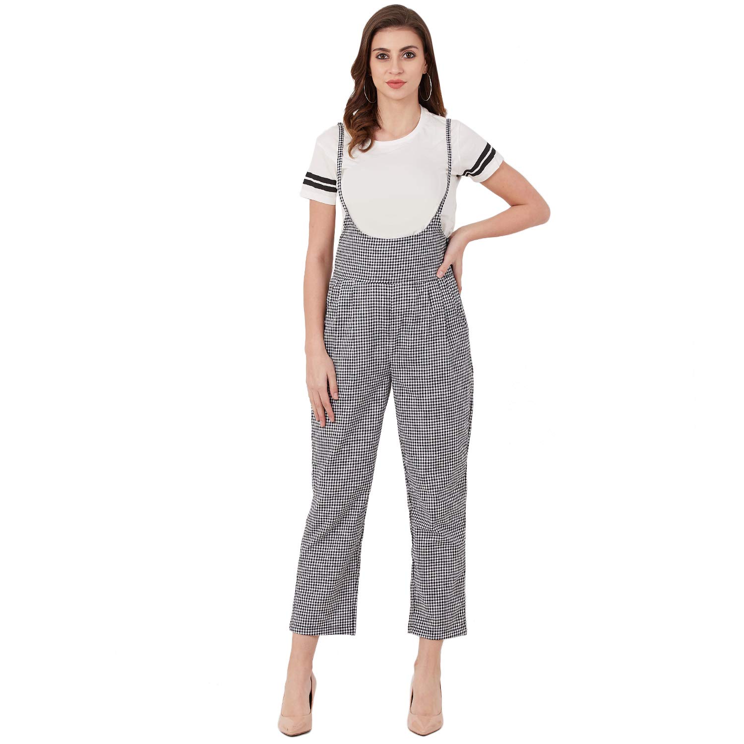 Women's Checkered Cotton Pinafore Trouser Dungarees Jumpsuit (Waist 28 To 36 Inches)