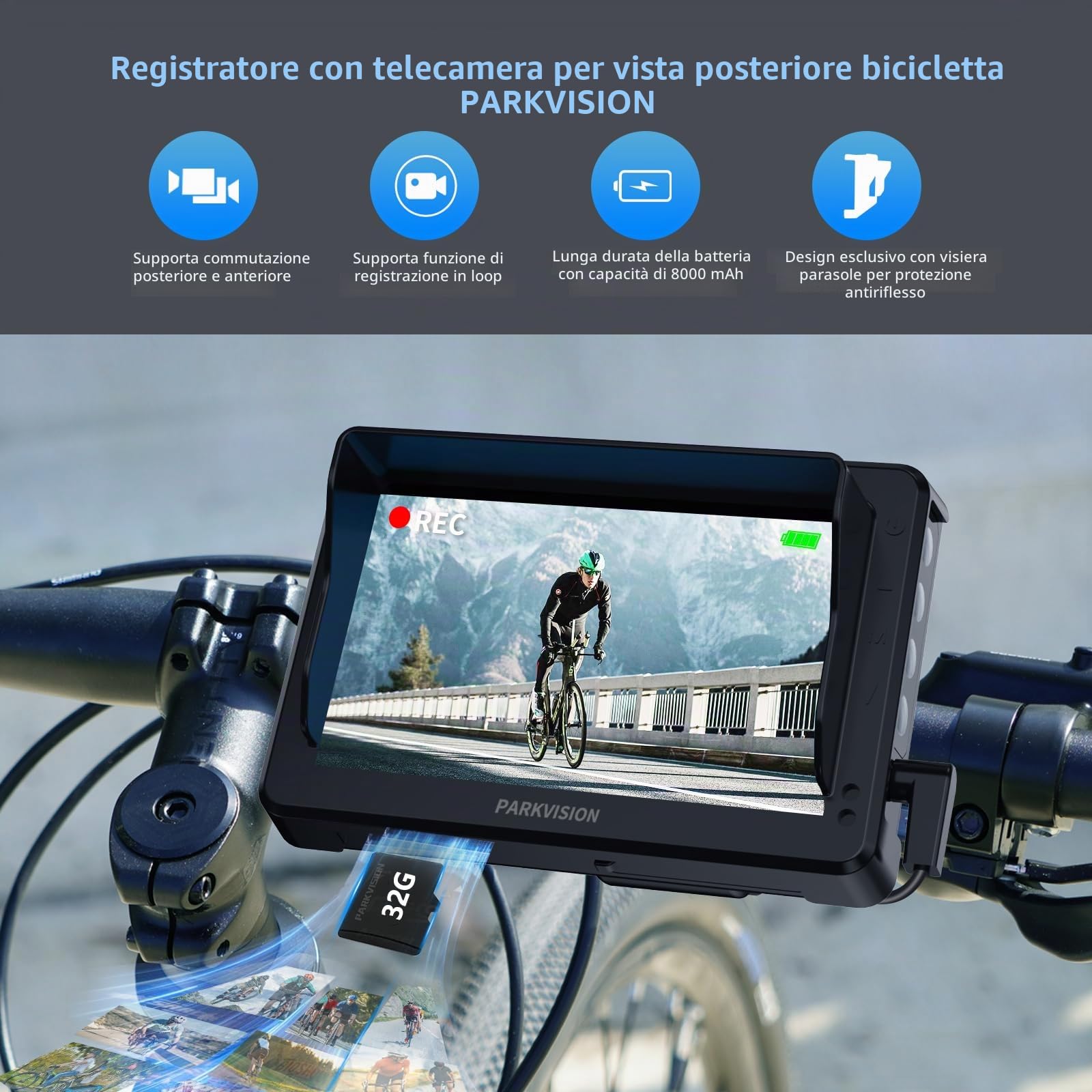 PARKVISION Kit specchietto per bicicletta da 10,9 cm, telecamera posteriore 1080p con registrazione in loop e obiettivo grandangolare, batteria da 8000 mAh, adatta per biciclette elettriche/mountain