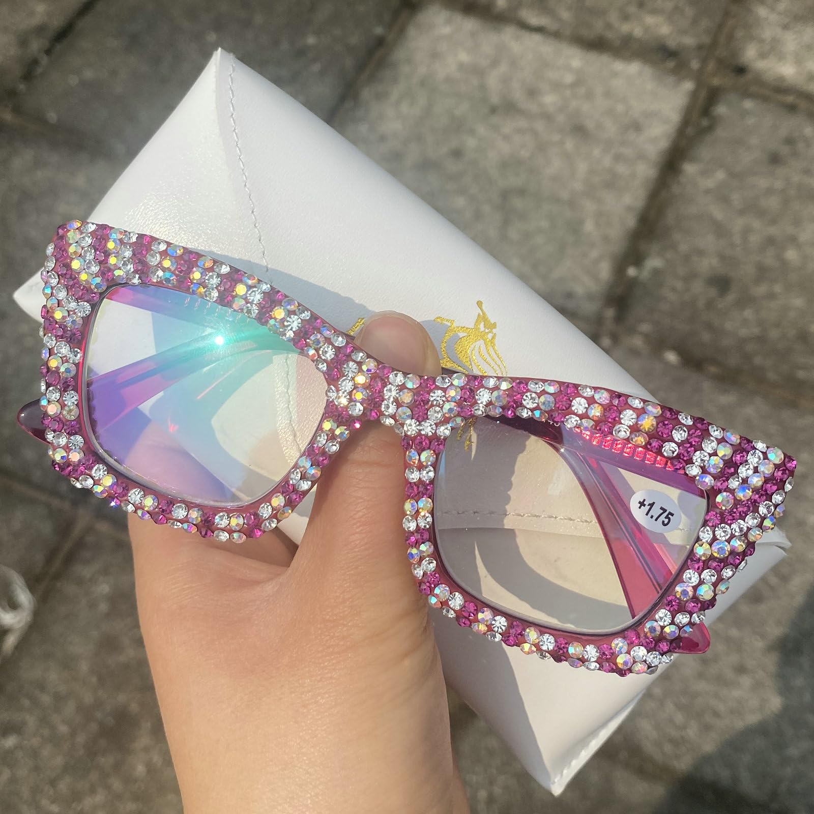 mincl Oprah style Bling Rhinestone Square Reading Glasses For Women Shiny Diamond Blue Light Blocking Eyeglasses (red, 2, x)