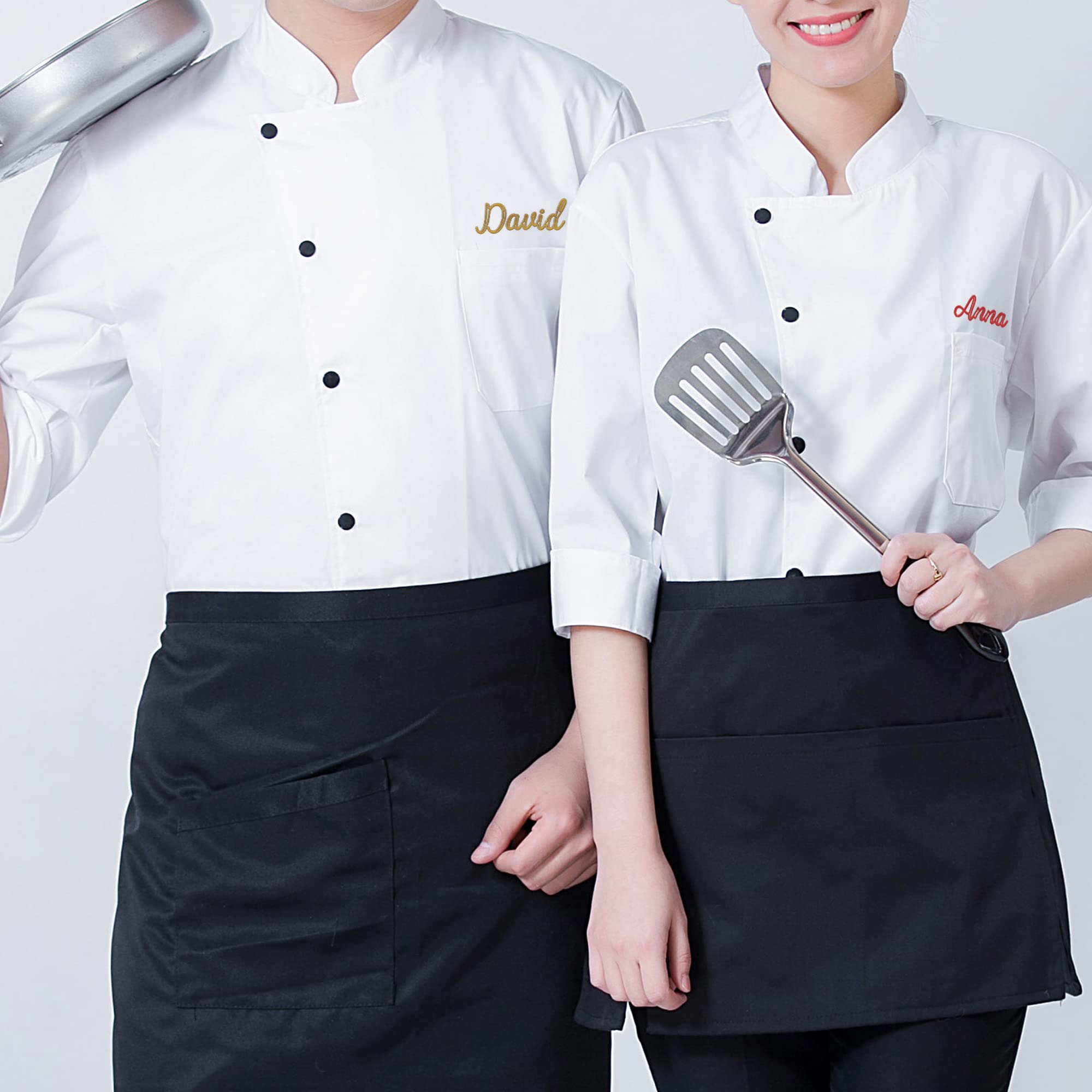 FAXIOAWA Giacca da Chef Unisex Personalizzata a Maniche Lunghe Nera/Bianca, Cappotto da Chef Ricamato con Nome/Numero, Divisa da Lavoro Professionale da Cucina per caffè dell'hotel