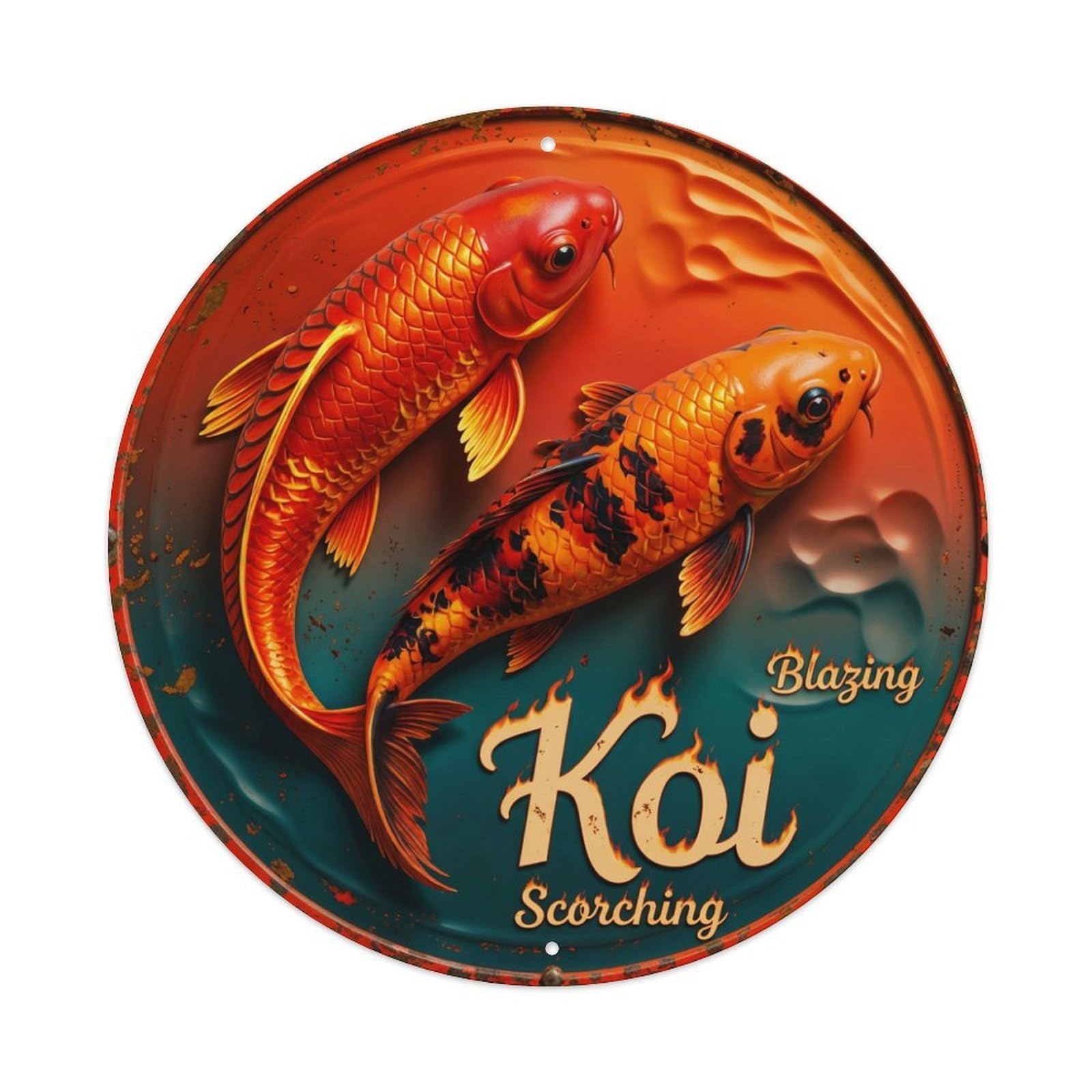 Metal Tin Sign Koi Fish Burning Fire Japanese Vintage Ukiyo-e
